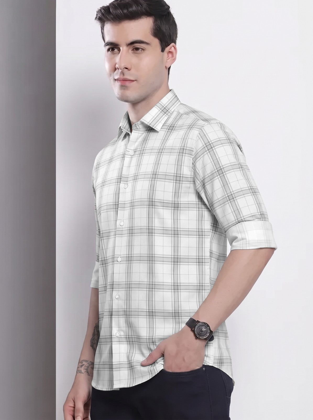 Men's White Classic Checkered Cotton Blend Casual Shirt
