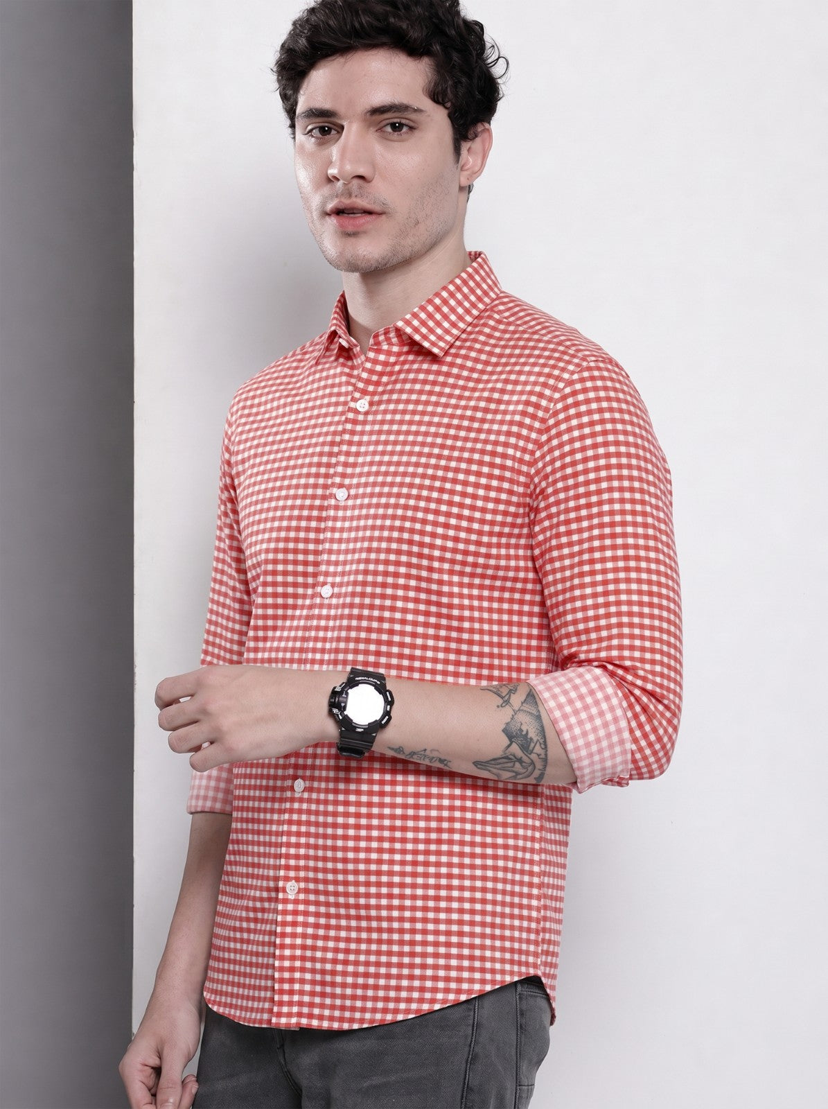 Men's Red Mini Gingham Checked Cotton Blend Casual Shirt