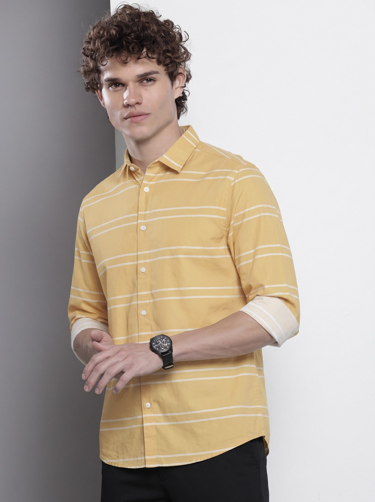 Men's Yellow Horizontal Striped Cotton Blend Casual Shirt