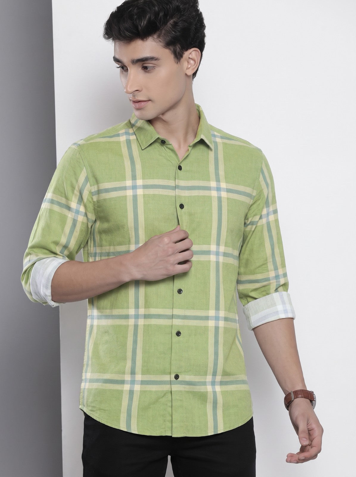Men's Light Green Checked Cotton Blend Casual Shirt