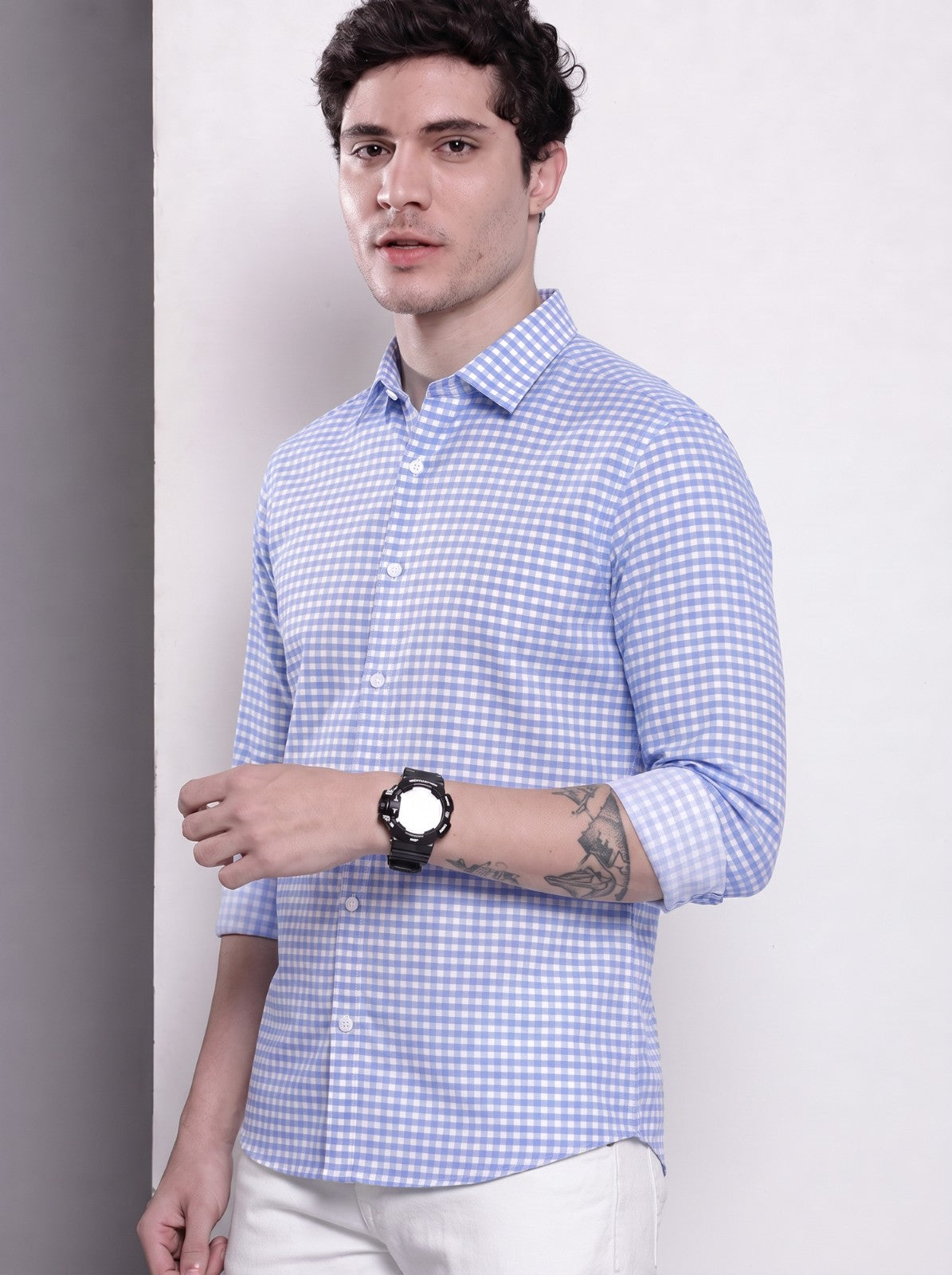 Men's Blue Mini Gingham Checked Cotton Blend Casual Shirt