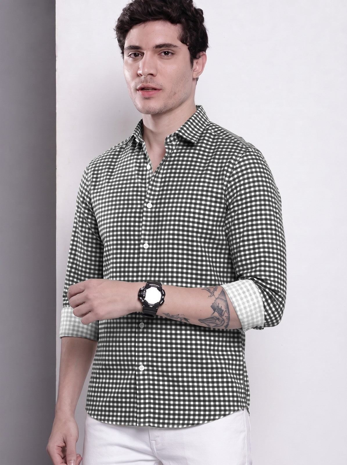 Men's Black Mini Gingham Checked Cotton Blend Casual Shirt