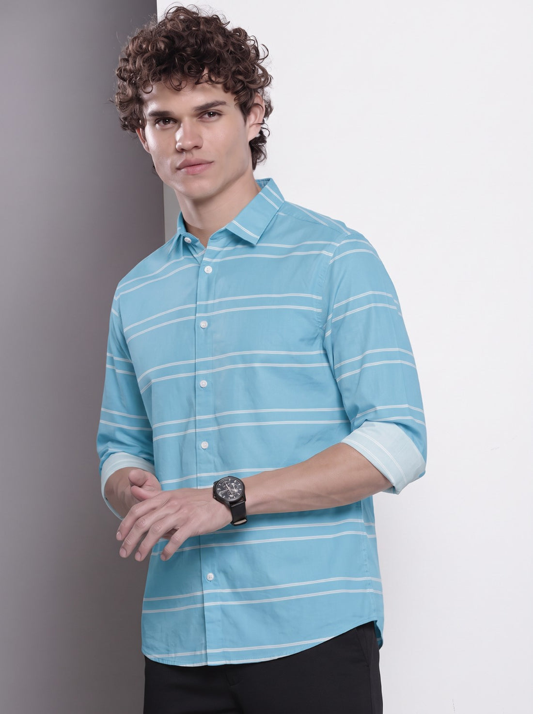 Men's Sky Blue Horizontal Striped Cotton Blend Casual Shirt by WOXEN – image 1 of 5