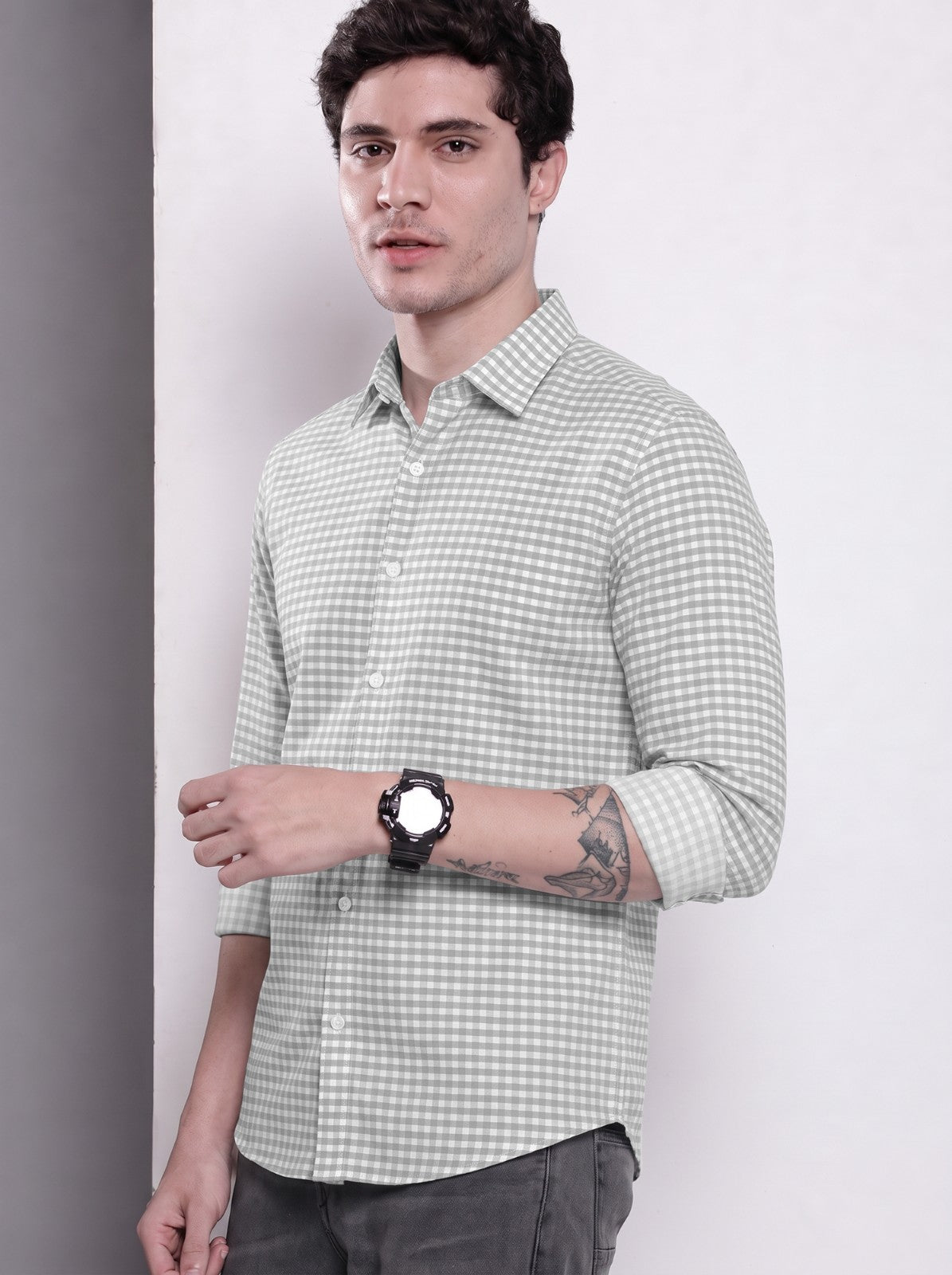 Men's Grey Mini Gingham Checked Cotton Blend Casual Shirt