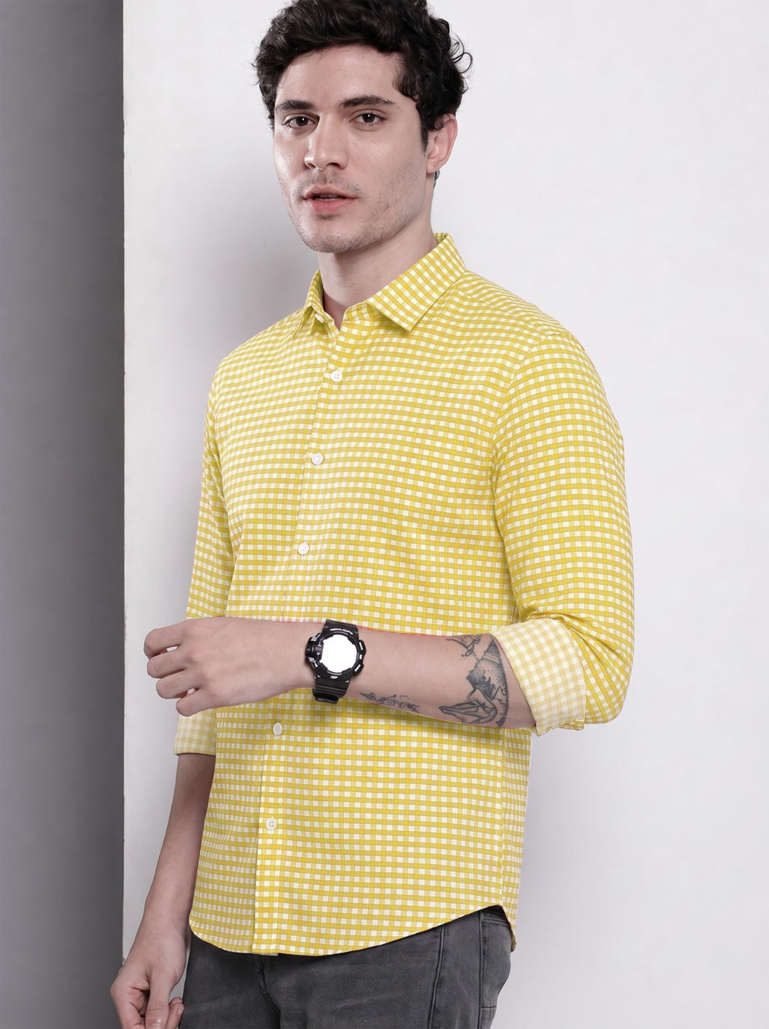 Men's Yellow Mini Gingham Checked Cotton Blend Casual Shirt by WOXEN – image 1 of 5