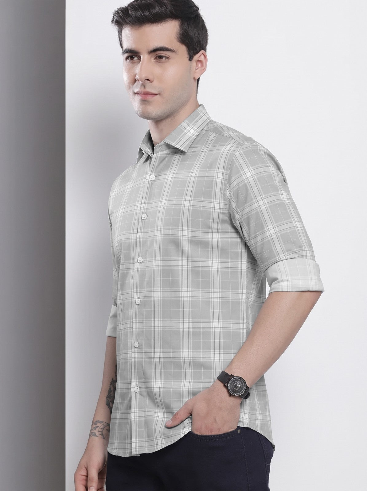 Men's Grey Classic Checkered Cotton Blend Casual Shirt