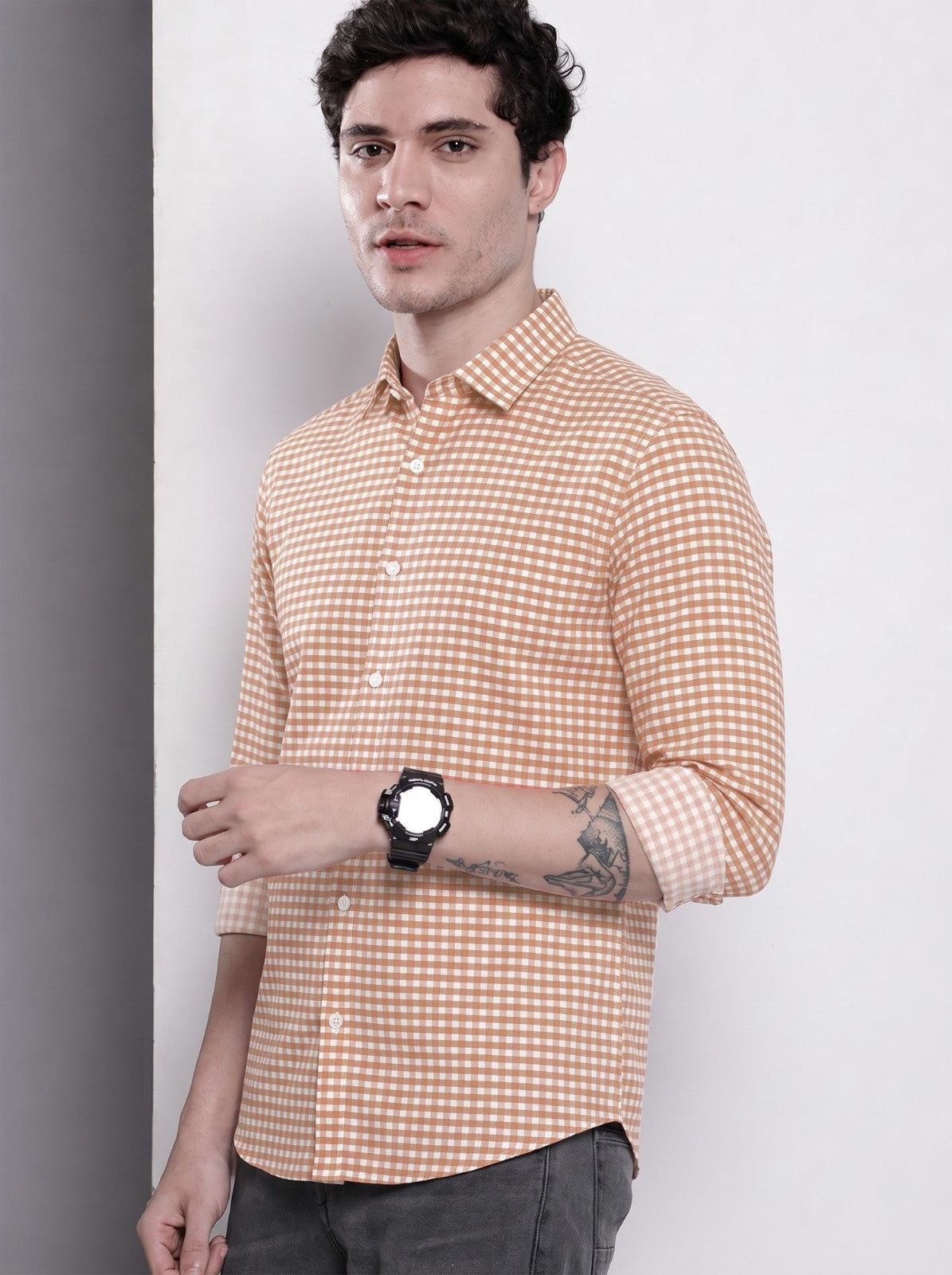 Men's Brown Mini Gingham Checked Cotton Blend Casual Shirt