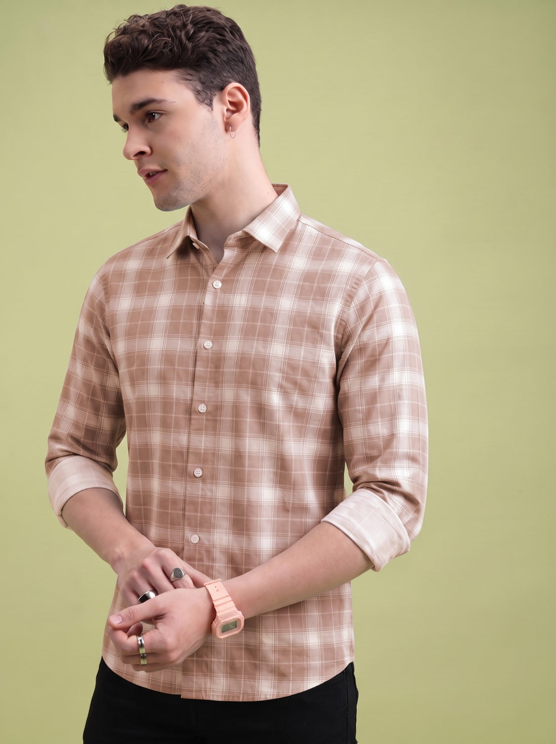 Men's Classic Brown Checked Cotton Blend Casual Shirt by WOXEN – image 1 of 5