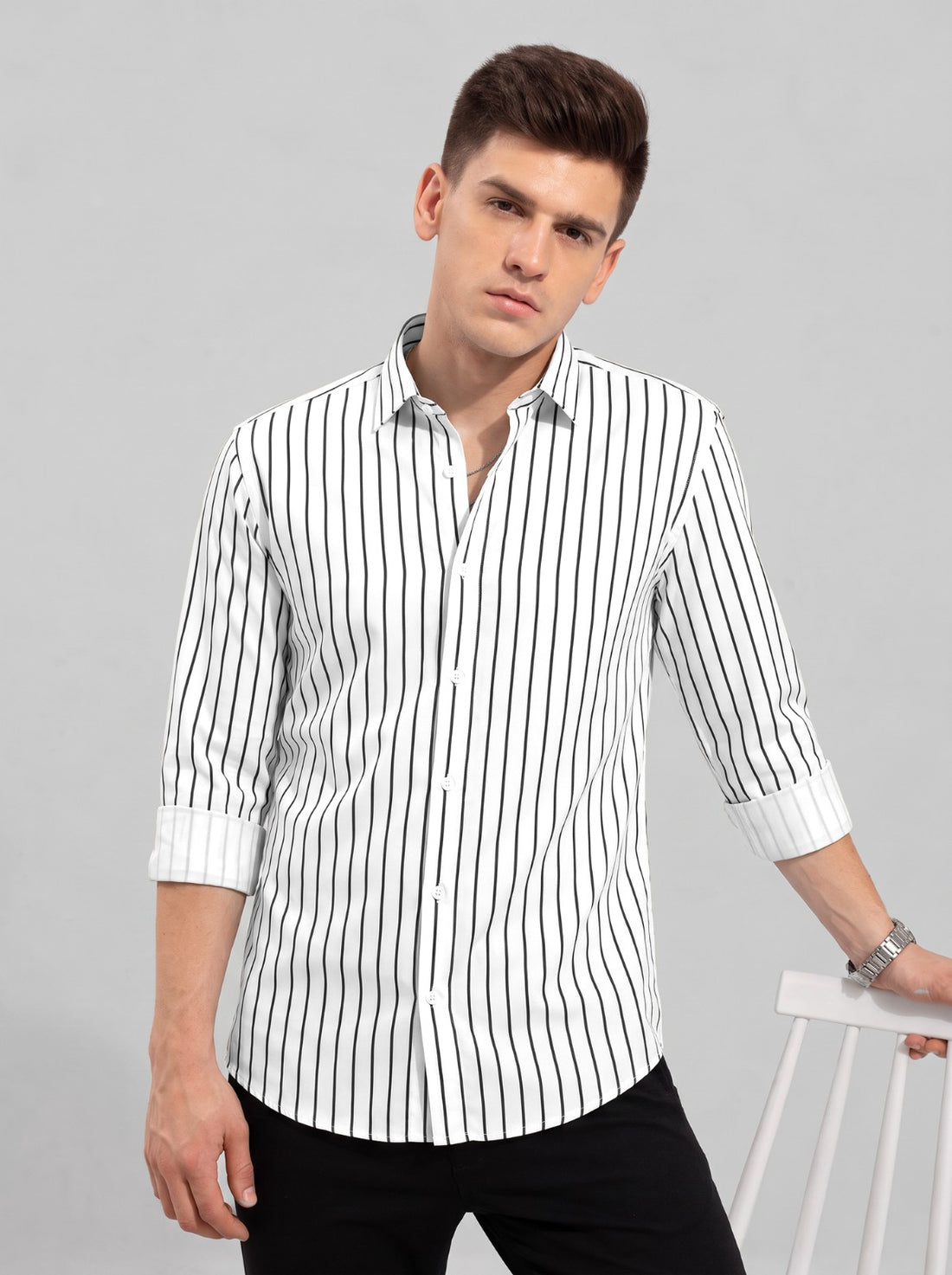 Men's White Classic Pinstripe Cotton Blend Casual Shirt by WOXEN – image 1 of 5