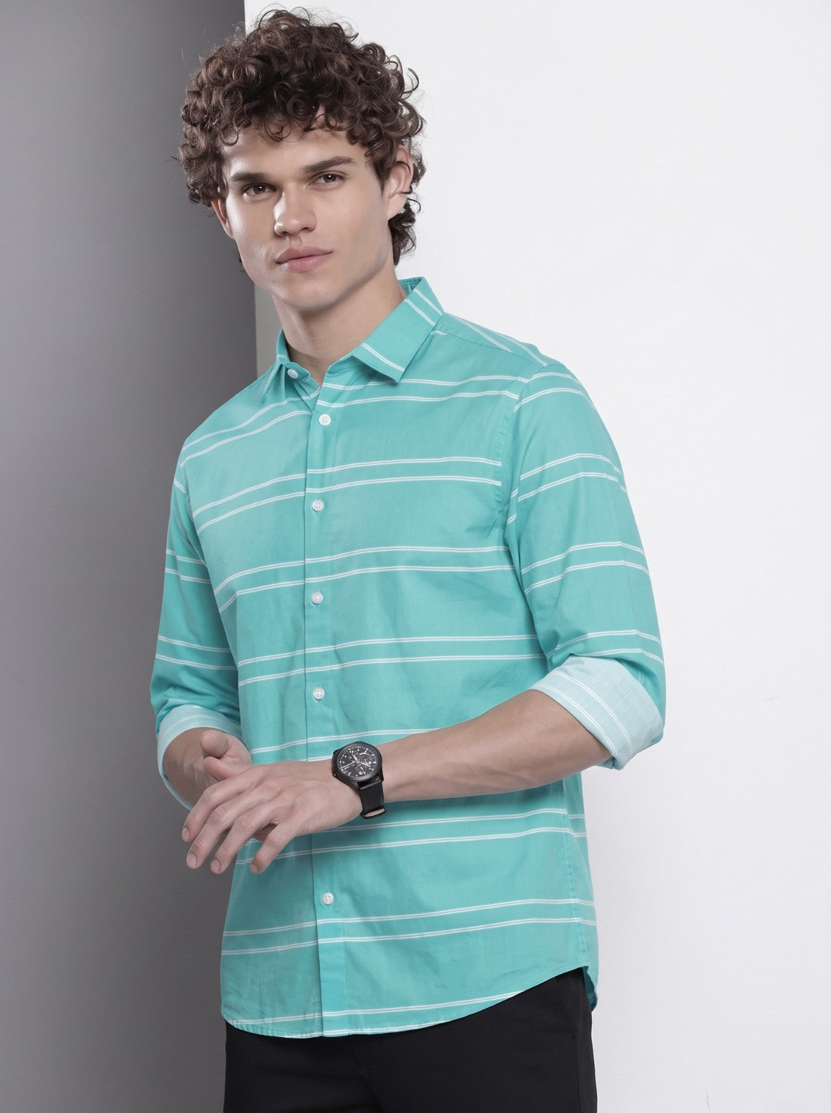 Men's Sea Green Horizontal Striped Cotton Blend Casual Shirt