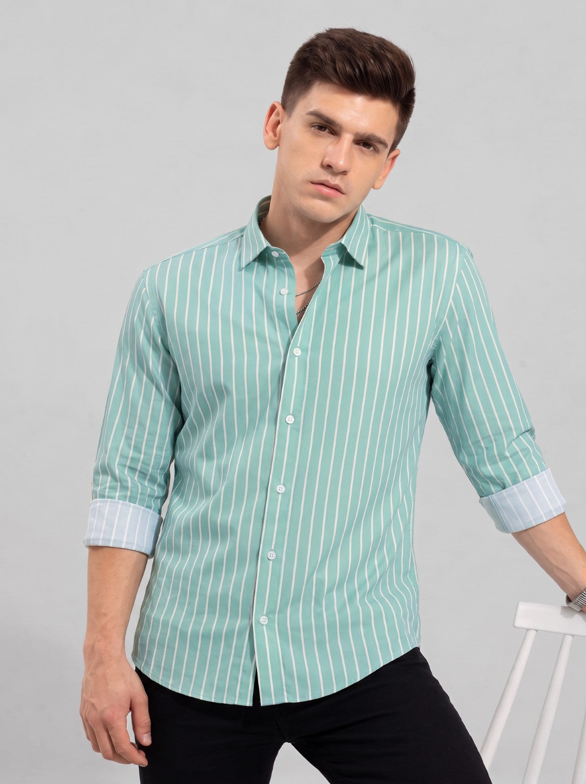 Men's Green Classic Pinstripe Cotton Blend Casual Shirt