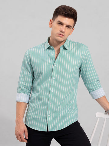 Men's Green Classic Pinstripe Cotton Blend Casual Shirt