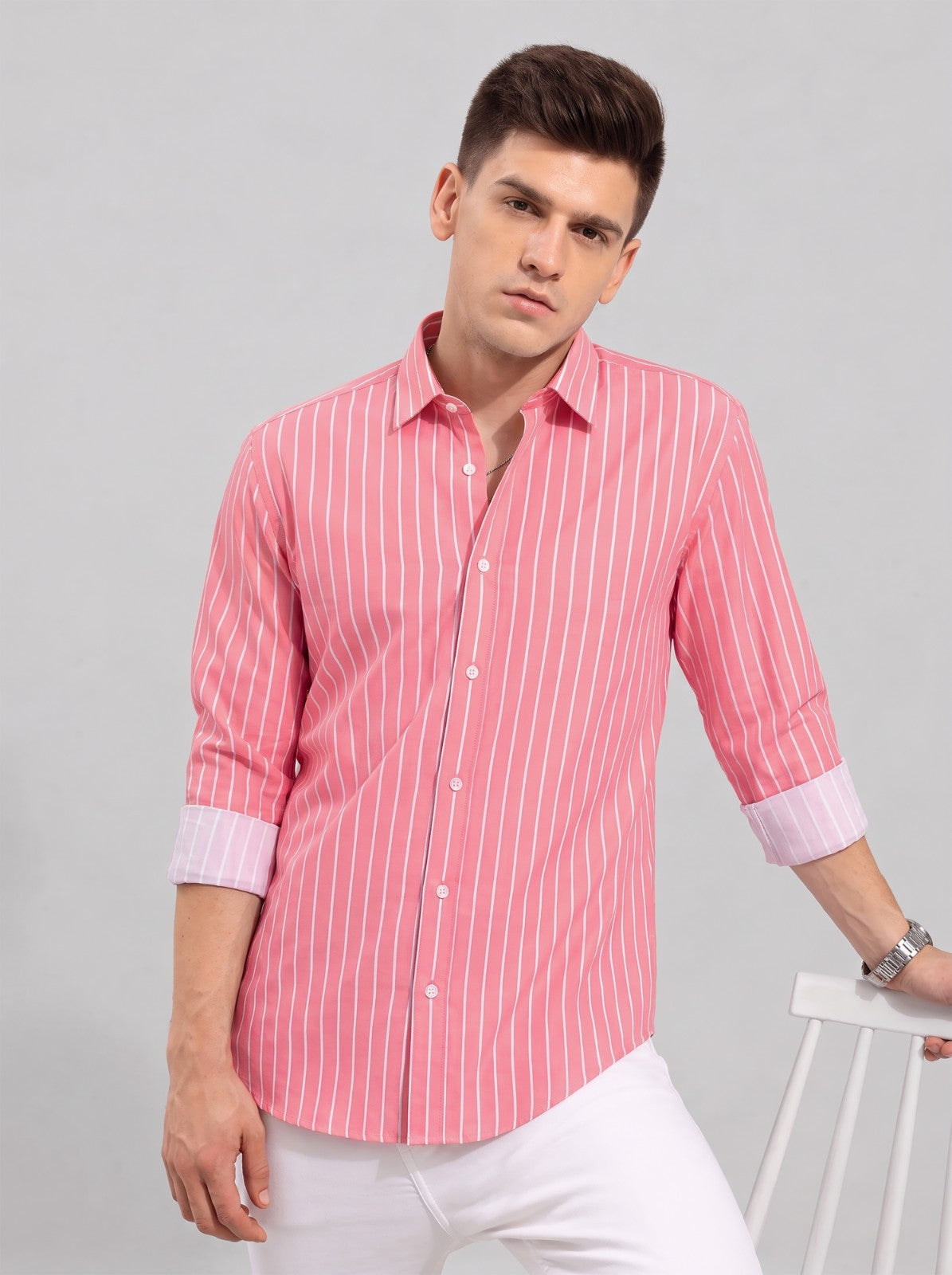 Men's Pink Classic Pinstripe Cotton Blend Casual Shirt