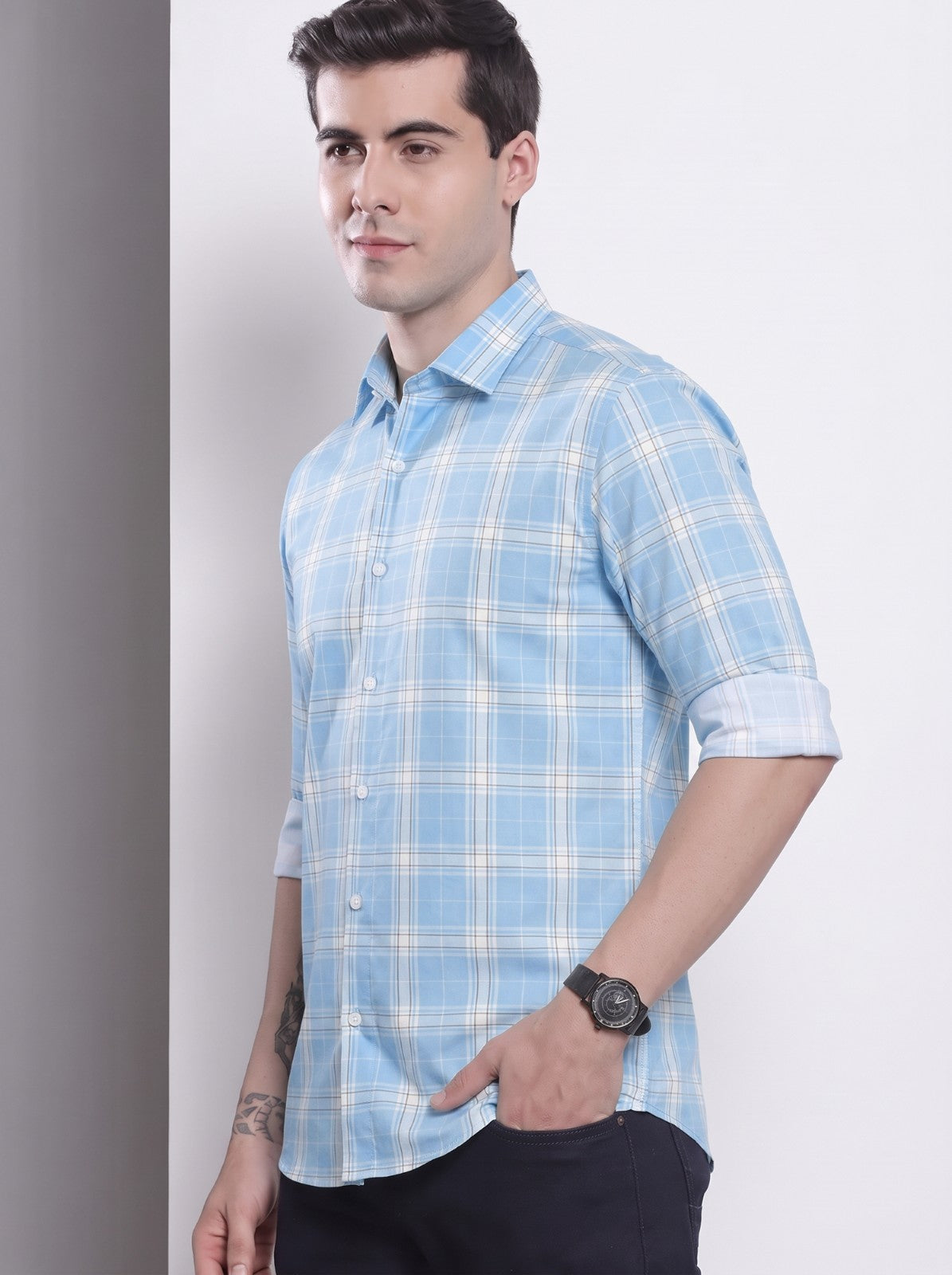 Men's Sky Blue Classic Checkered Cotton Blend Casual Shirt