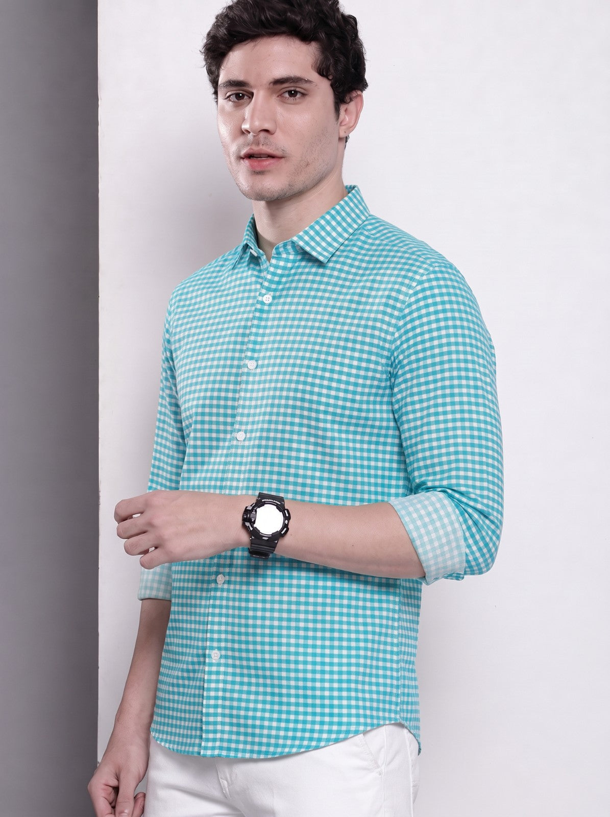 Men's Aqua Mini Gingham Checked Cotton Blend Casual Shirt