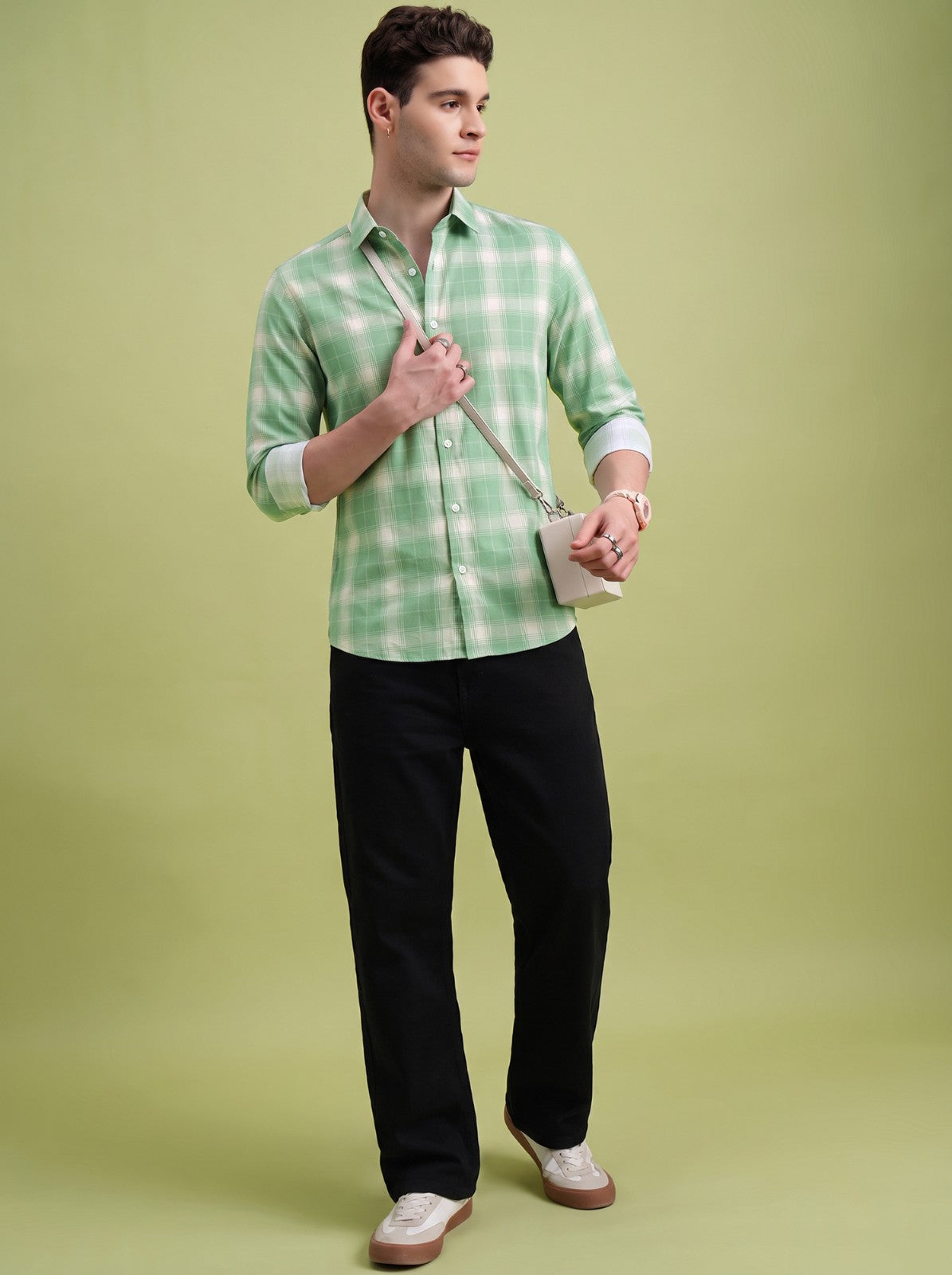 Men's Classic Green Checked Cotton Blend Casual Shirt