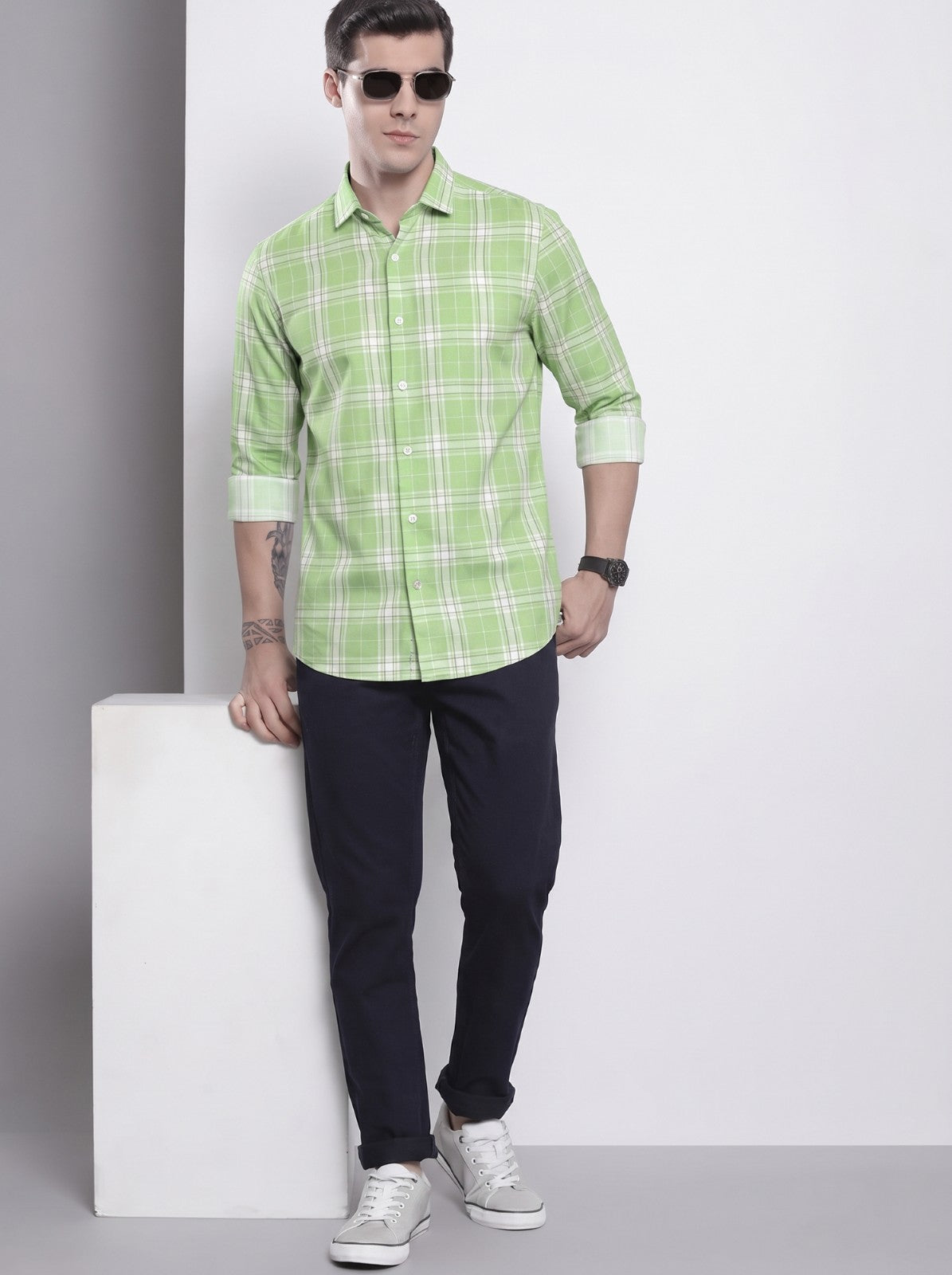 Men's Green Classic Checkered Cotton Blend Casual Shirt
