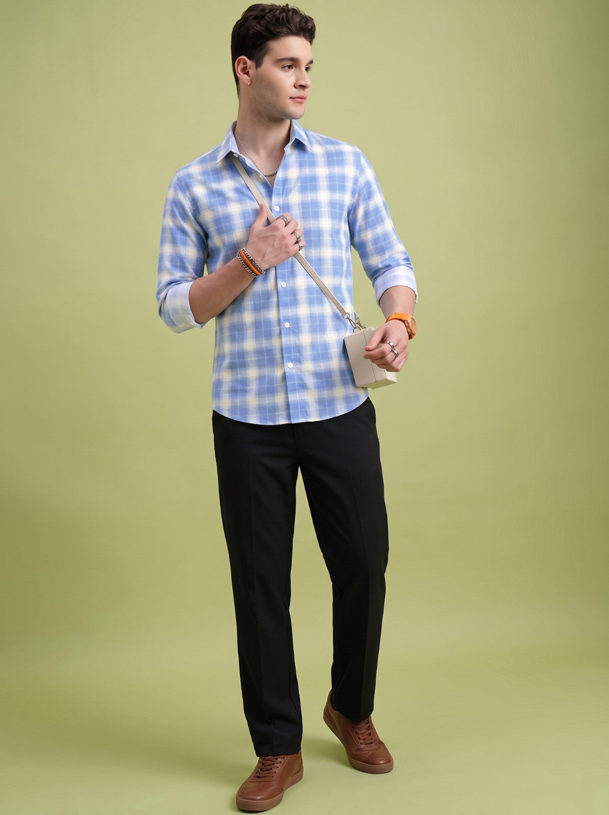 Men's Classic Blue Checked Cotton Blend Casual Shirt