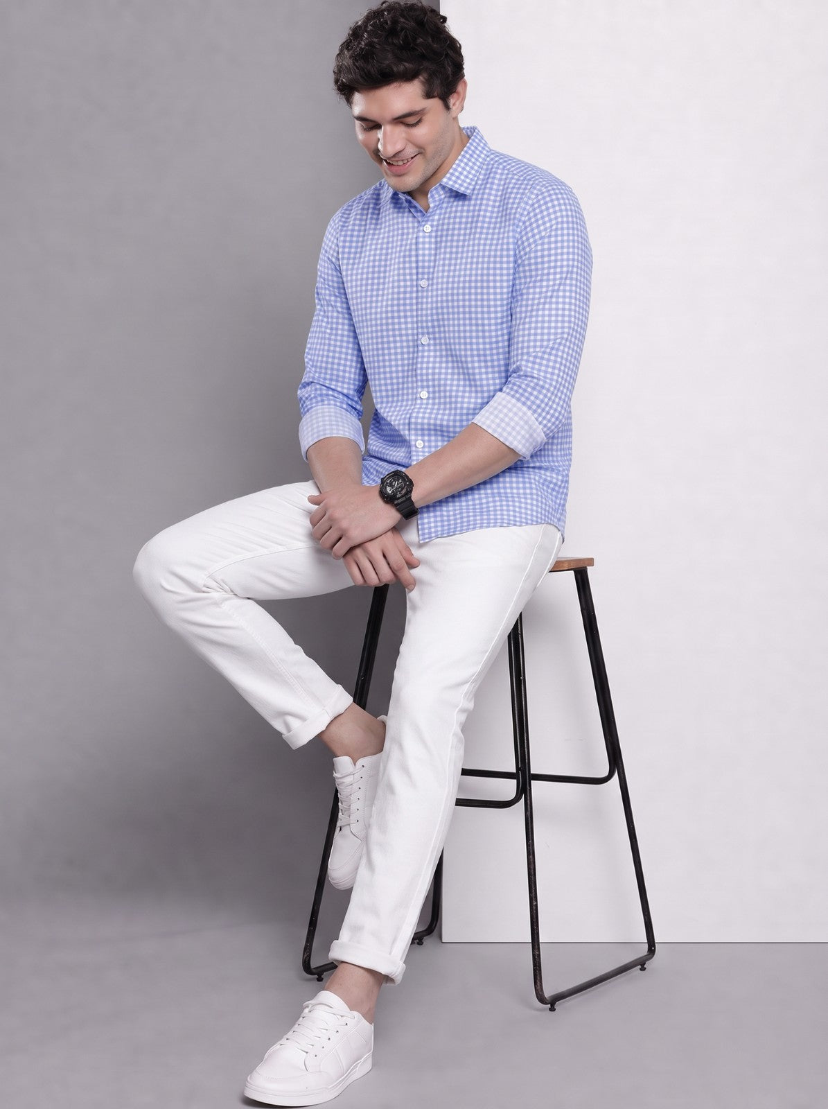 Men's Blue Mini Gingham Checked Cotton Blend Casual Shirt