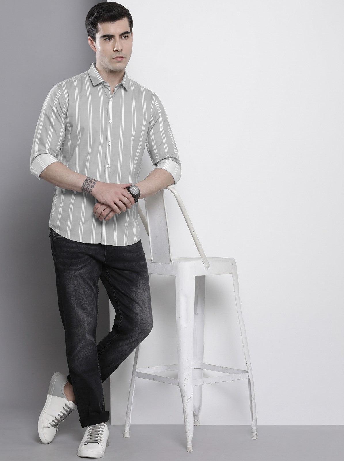Men's Grey Vertical Striped Cotton Blend Casual Shirt