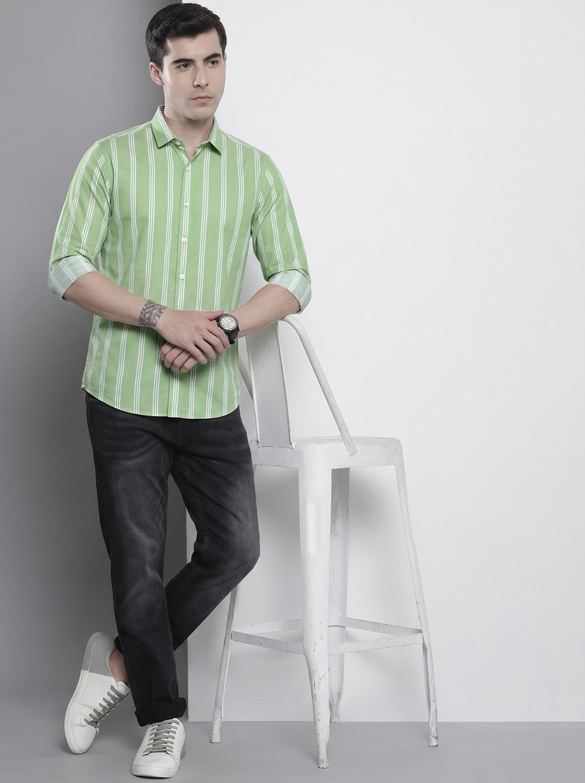 Men's Green Vertical Striped Cotton Blend Casual Shirt