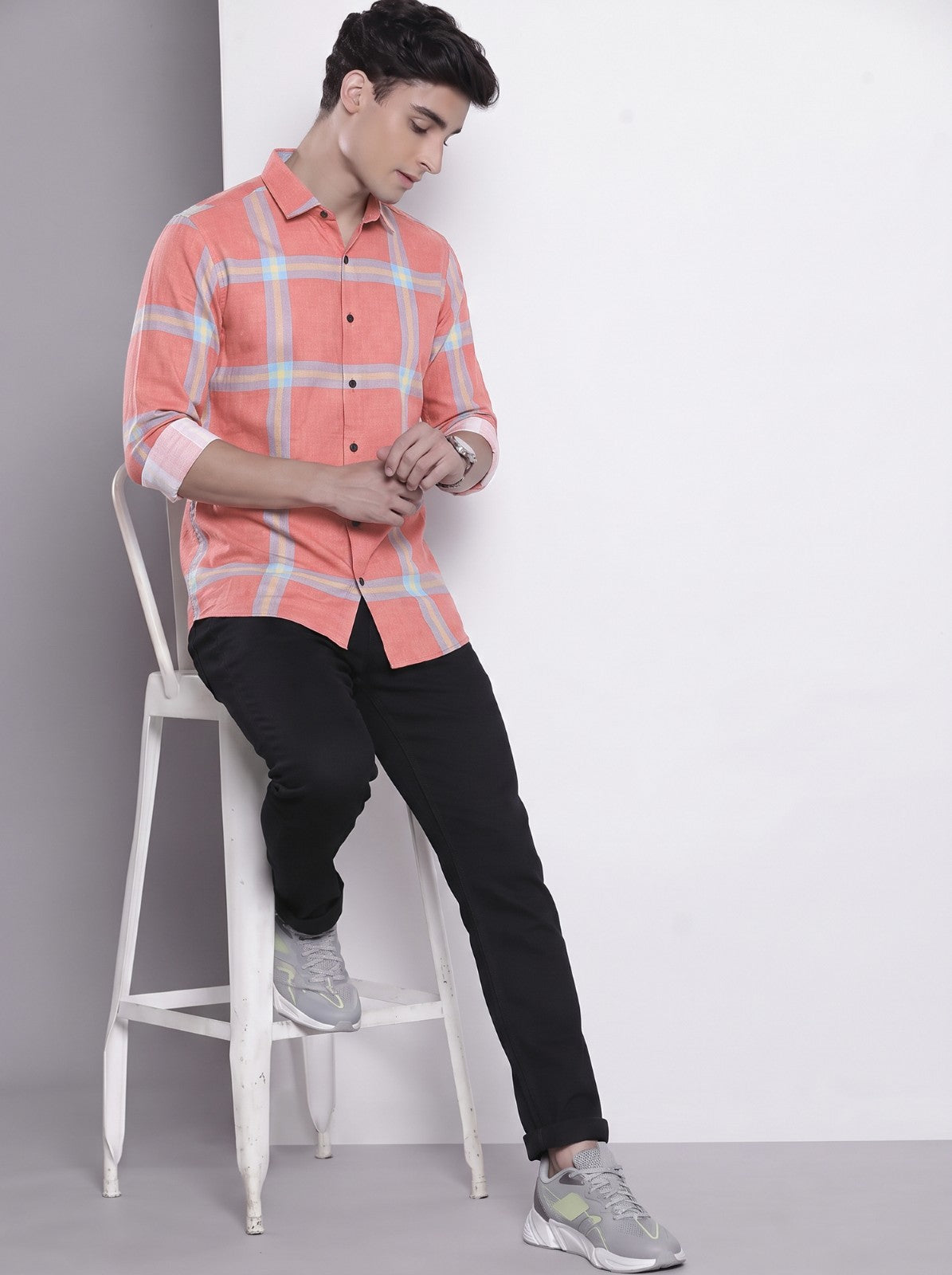 Men's Coral Pink Checked Cotton Blend Casual Shirt
