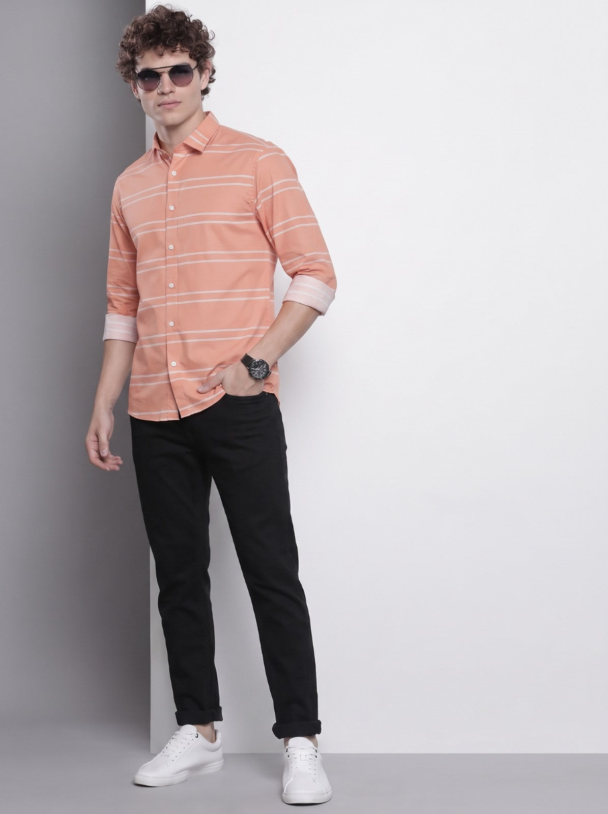 Men's Orange Horizontal Striped Cotton Blend Casual Shirt