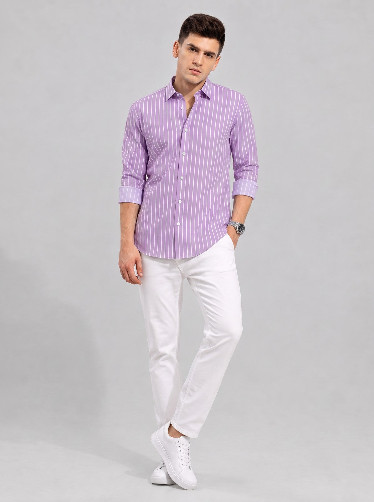 Men's Purple Classic Pinstripe Cotton Blend Casual Shirt