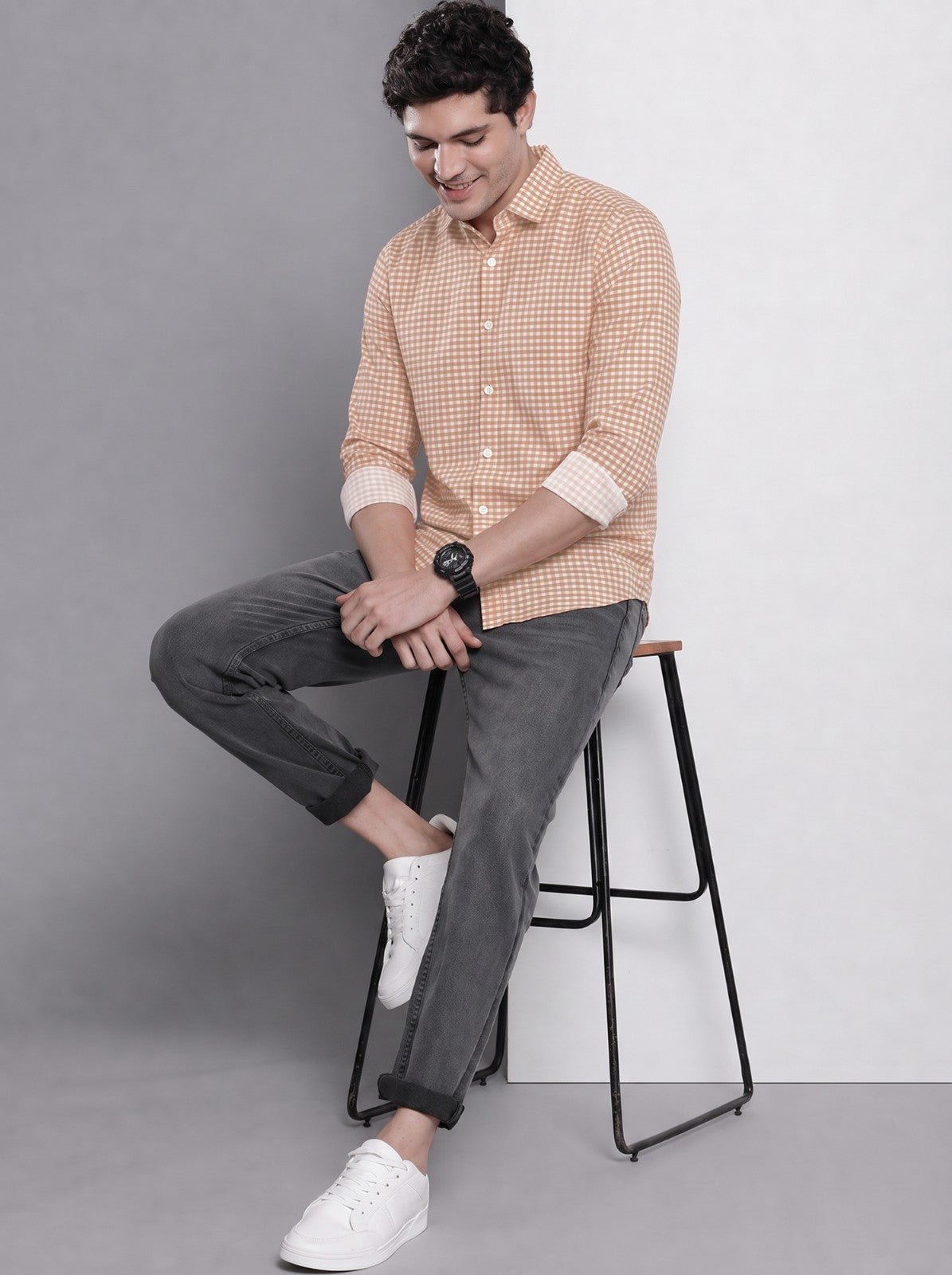 Men's Brown Mini Gingham Checked Cotton Blend Casual Shirt