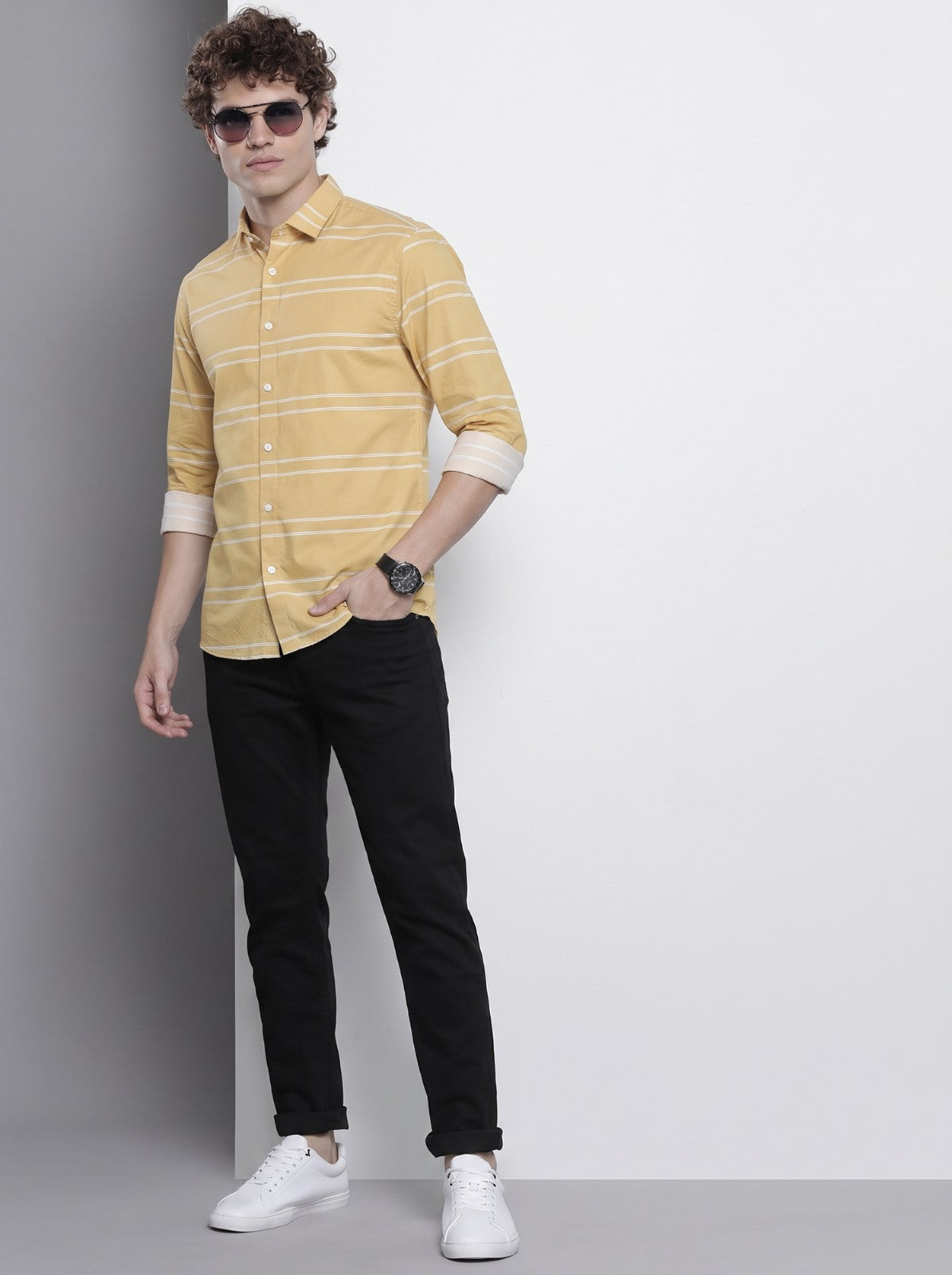 Men's Yellow Horizontal Striped Cotton Blend Casual Shirt