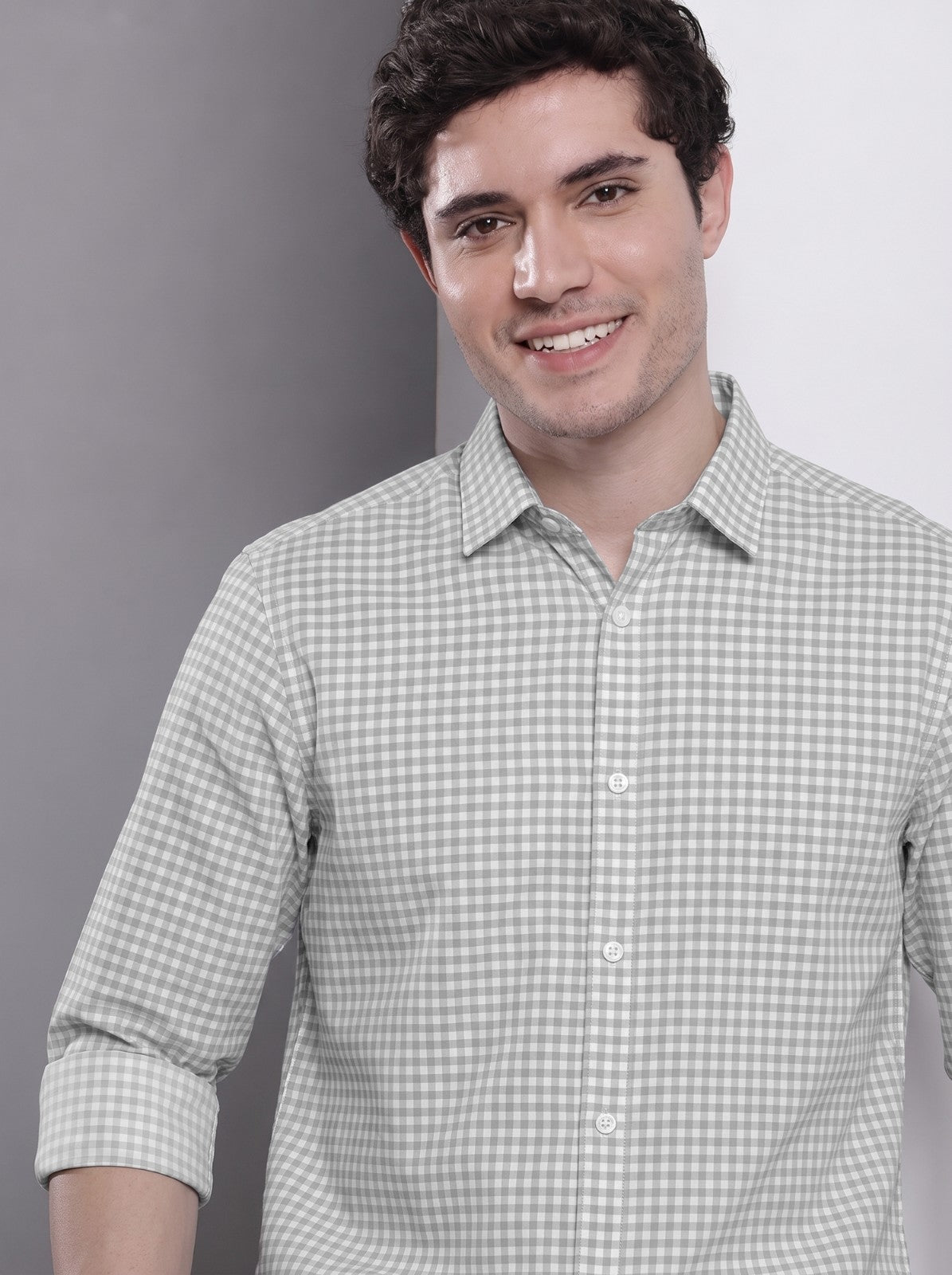 Men's Grey Mini Gingham Checked Cotton Blend Casual Shirt