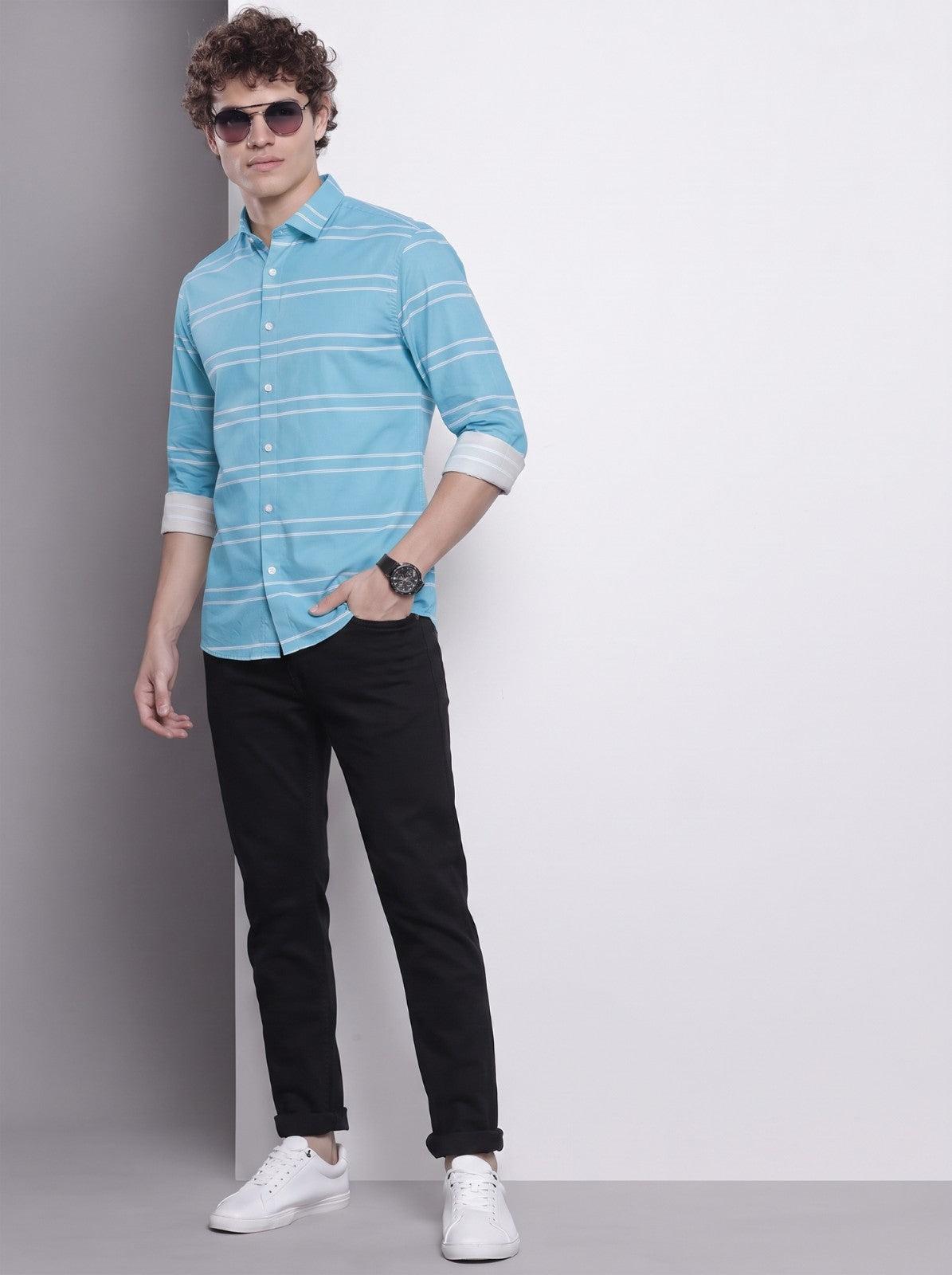 Men's Sky Blue Horizontal Striped Cotton Blend Casual Shirt