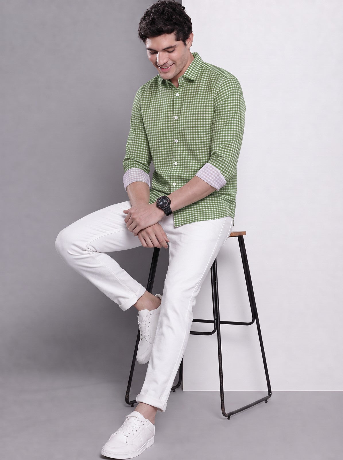 Men's Green Mini Gingham Checked Cotton Blend Casual Shirt