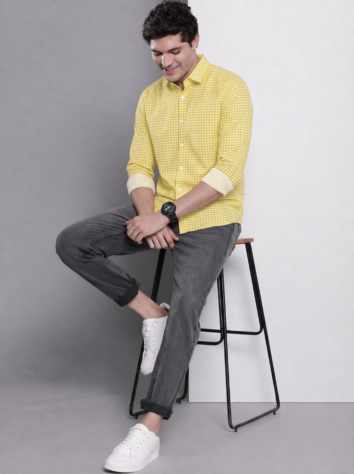 Men's Yellow Mini Gingham Checked Cotton Blend Casual Shirt