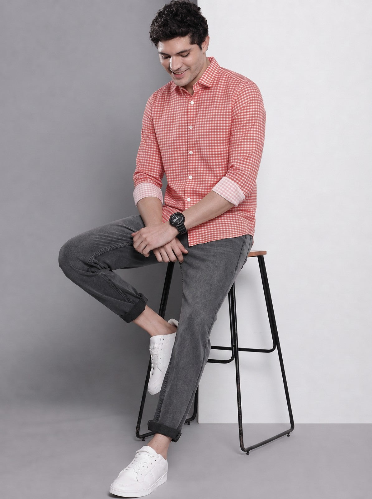 Men's Red Mini Gingham Checked Cotton Blend Casual Shirt