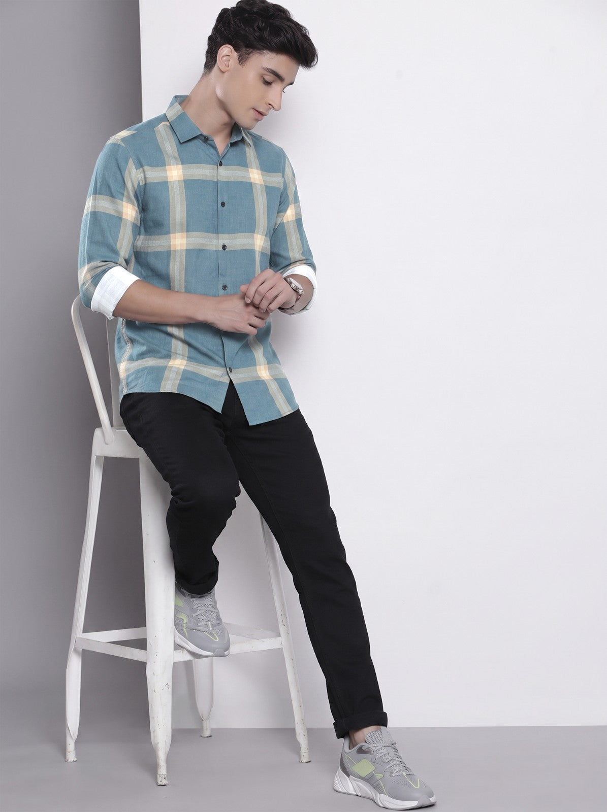Men's Teal Blue Checked Cotton Blend Casual Shirt