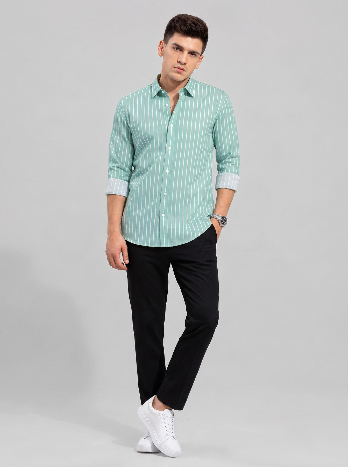 Men's Green Classic Pinstripe Cotton Blend Casual Shirt