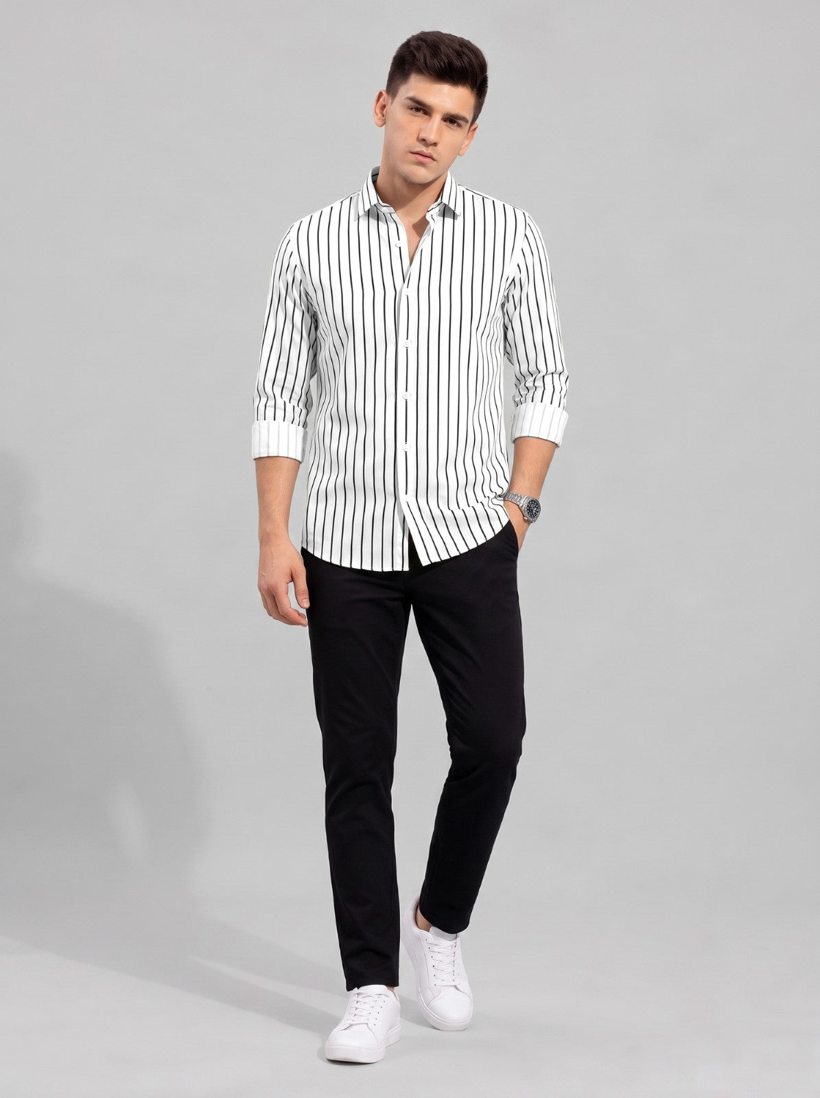 Men's White Classic Pinstripe Cotton Blend Casual Shirt