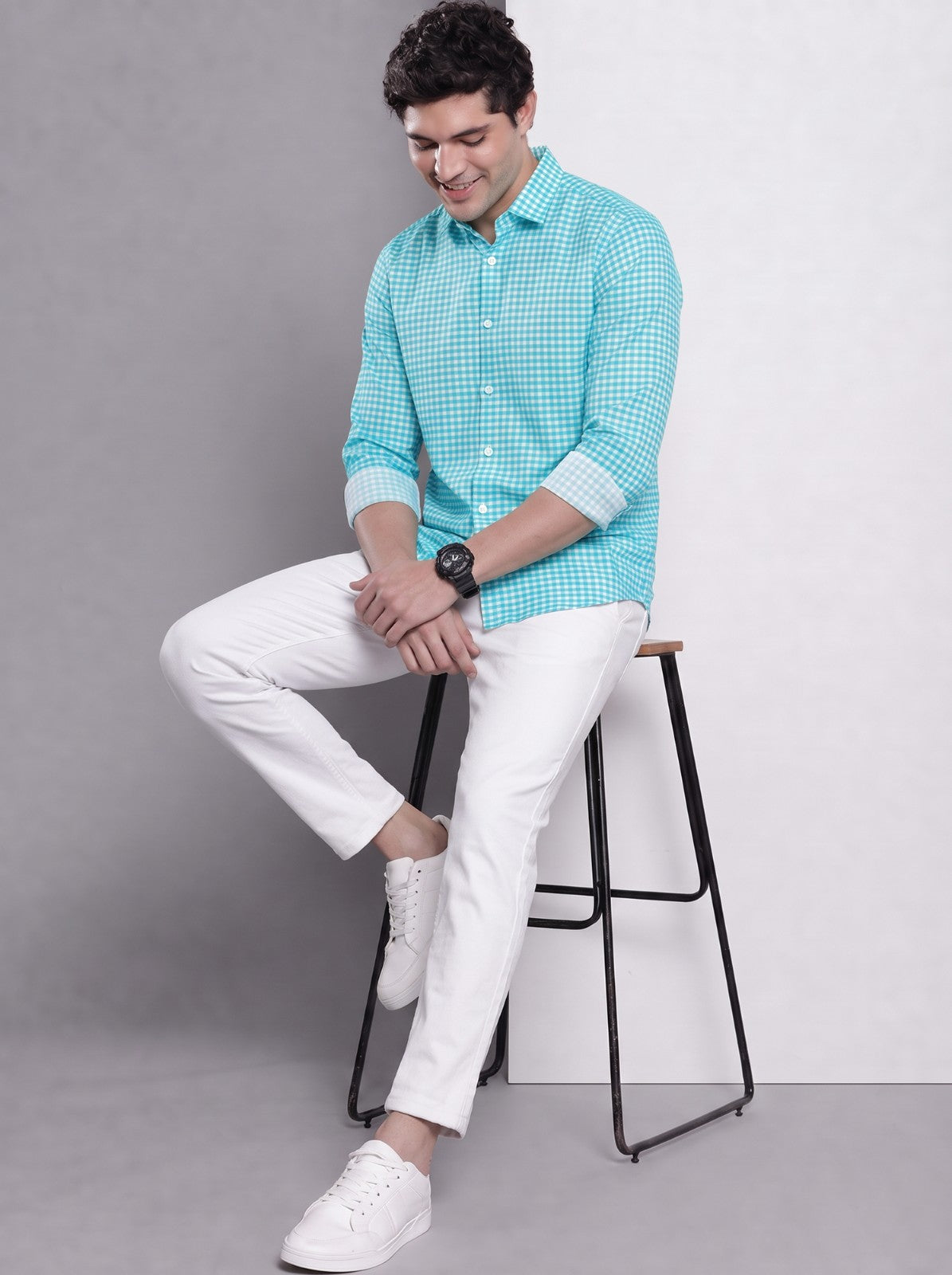 Men's Aqua Mini Gingham Checked Cotton Blend Casual Shirt