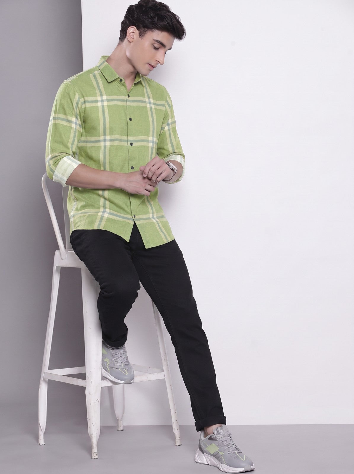 Men's Light Green Checked Cotton Blend Casual Shirt