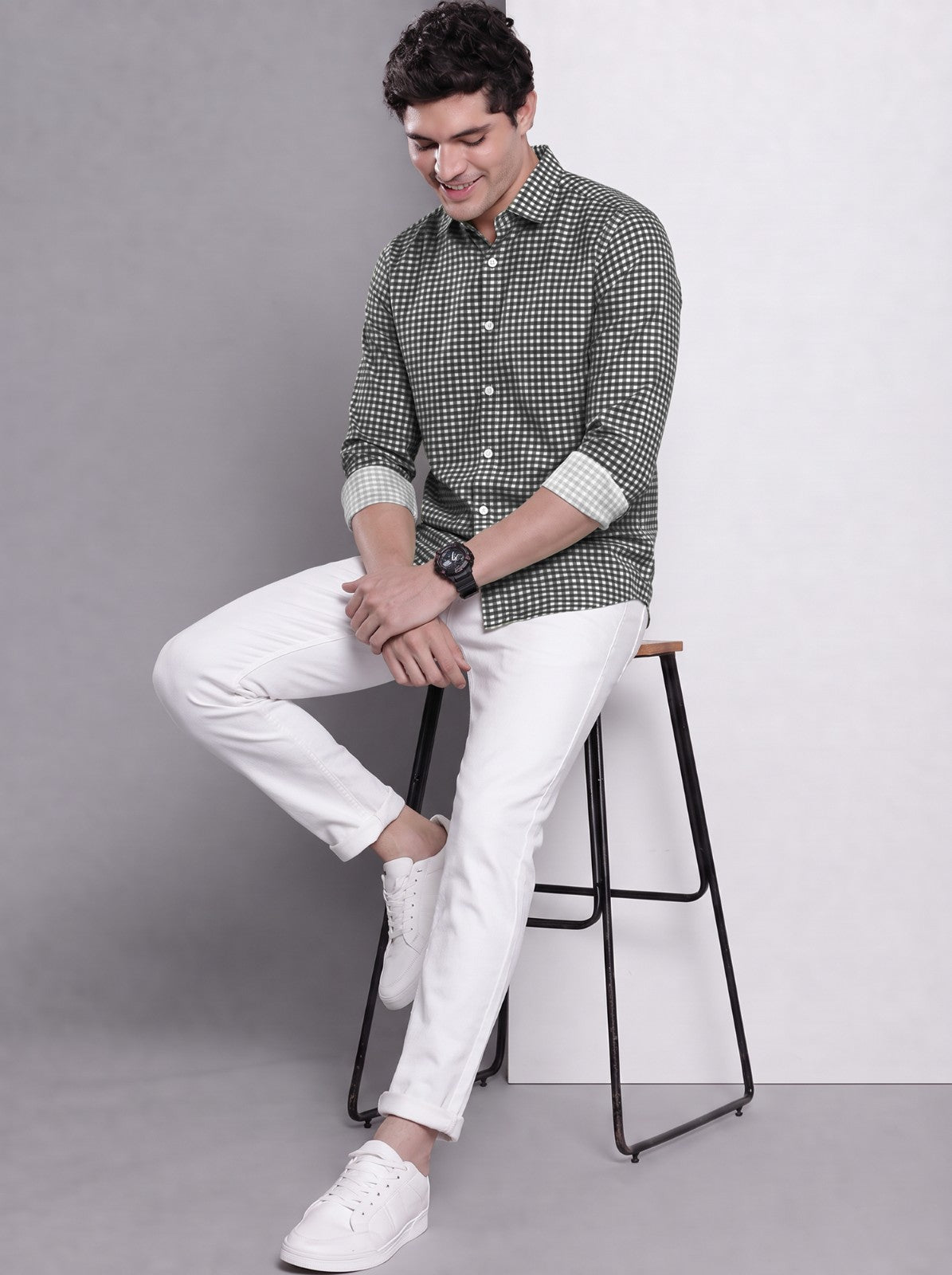 Men's Black Mini Gingham Checked Cotton Blend Casual Shirt
