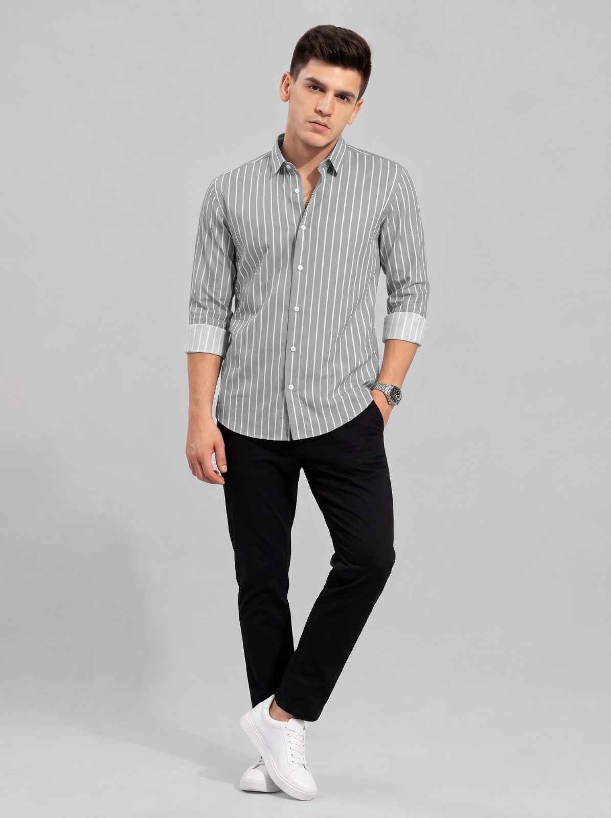 Men's Grey Classic Pinstripe Cotton Blend Casual Shirt