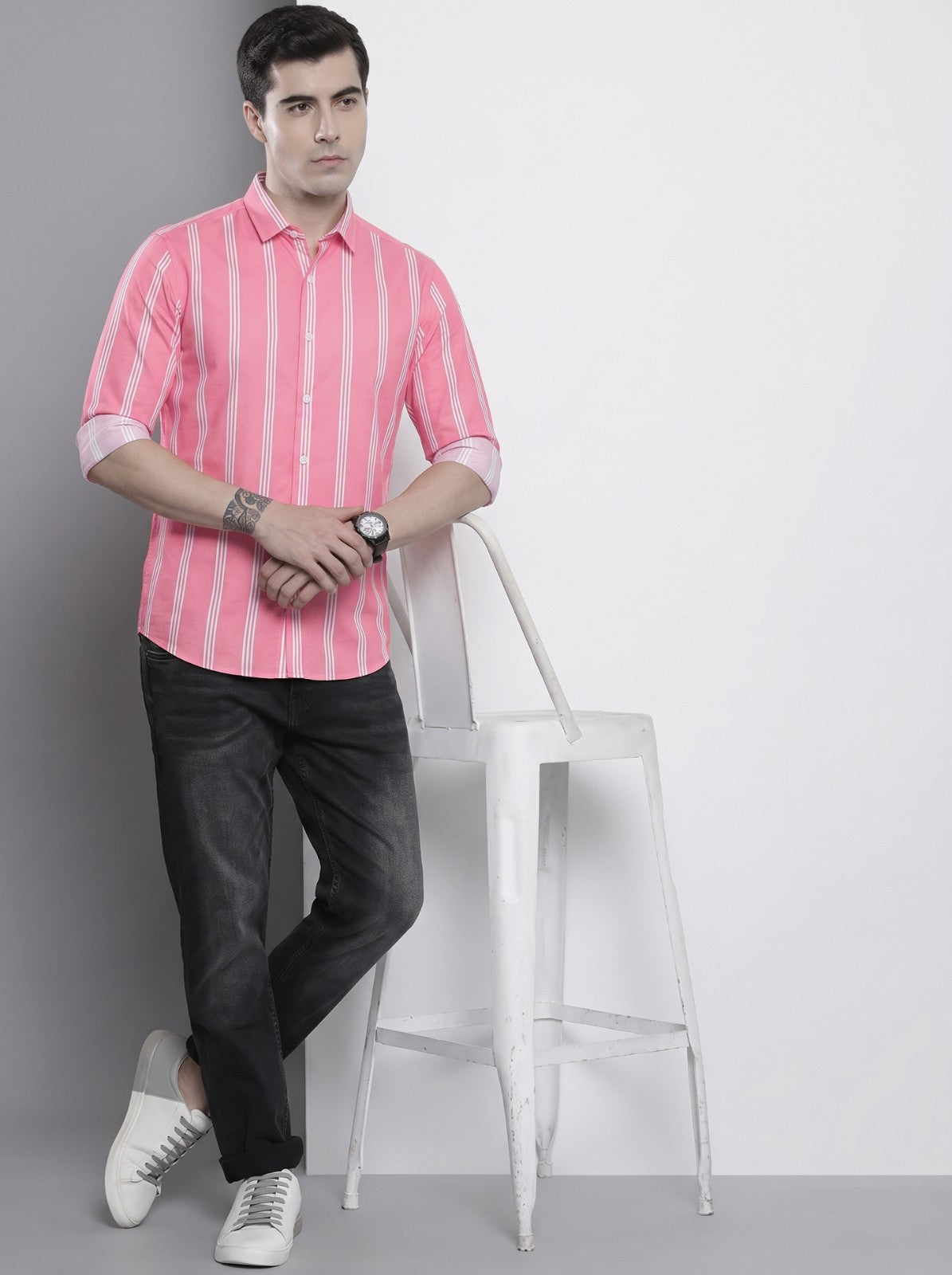 Men's Pink Vertical Striped Cotton Blend Casual Shirt