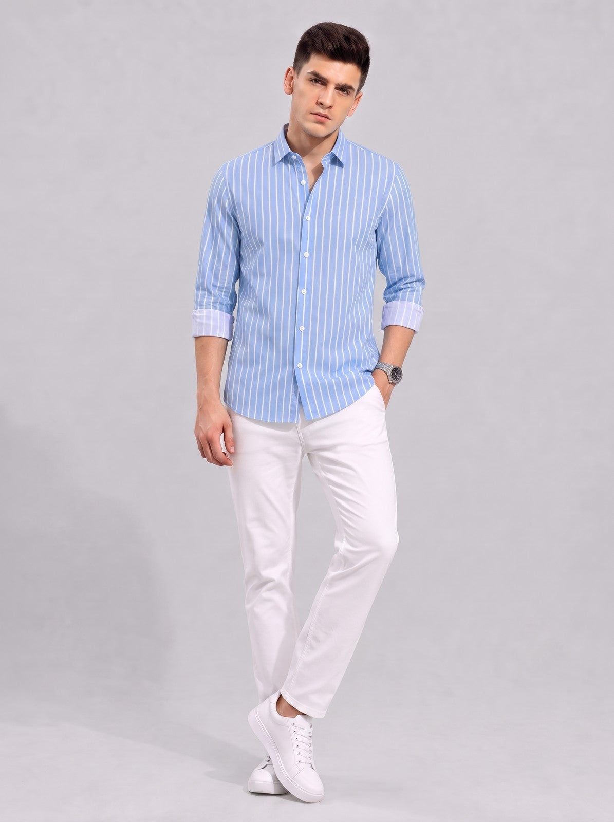 Men's Sky Blue Classic Pinstripe Cotton Blend Casual Shirt