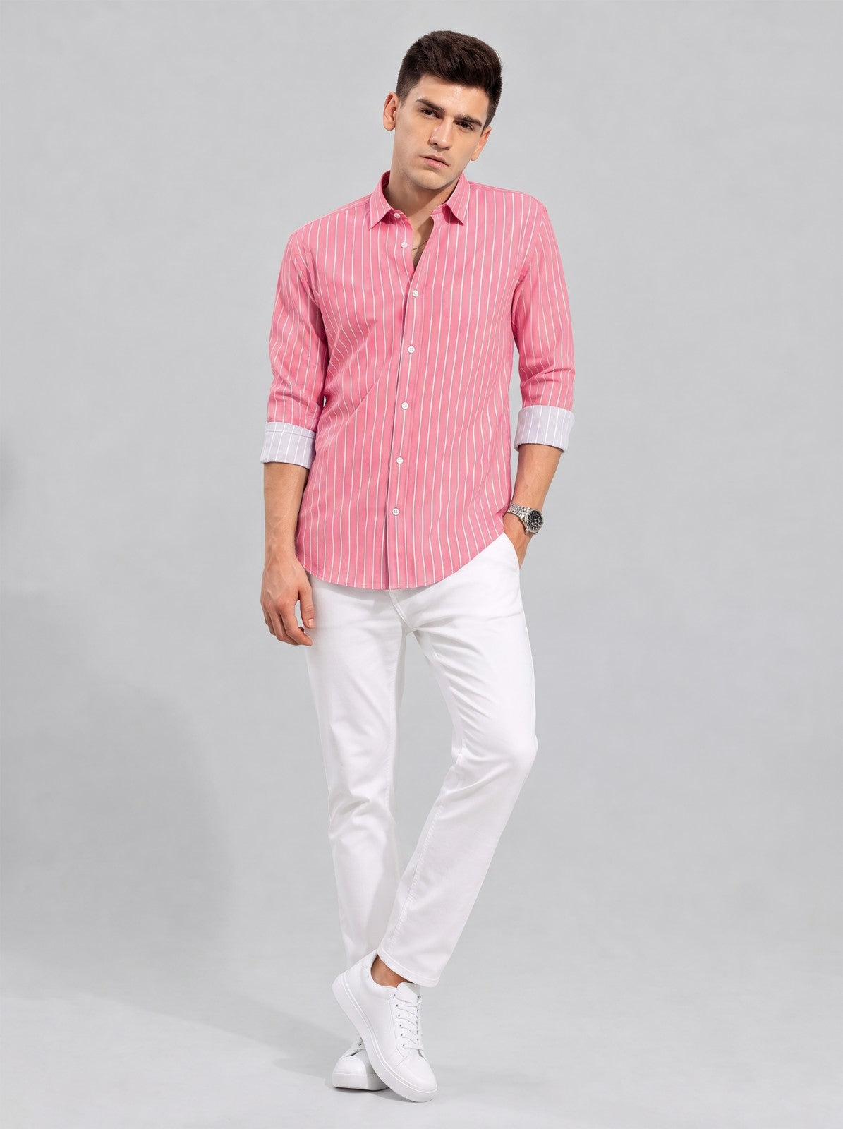 Men's Pink Classic Pinstripe Cotton Blend Casual Shirt