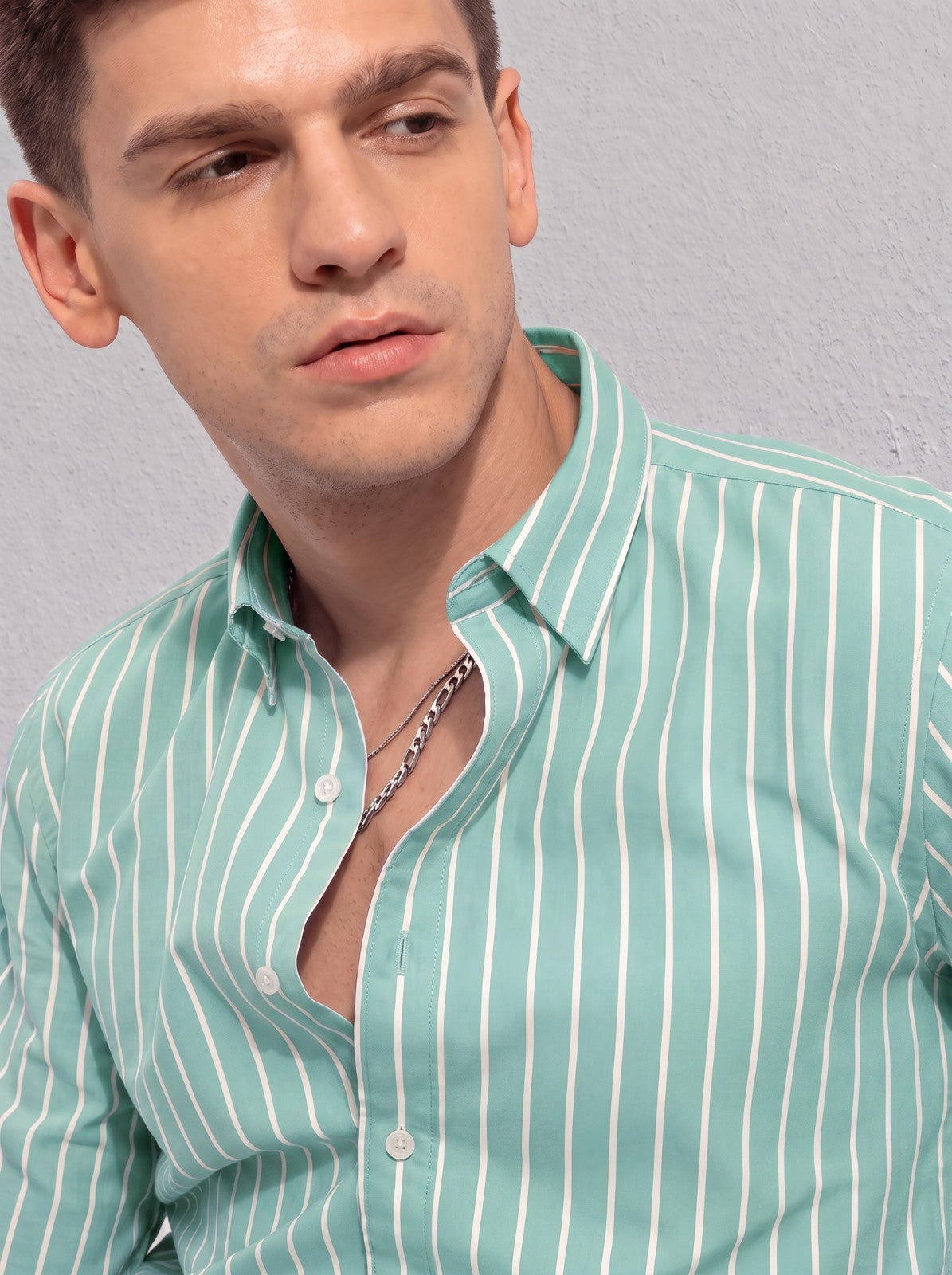 Men's Green Classic Pinstripe Cotton Blend Casual Shirt