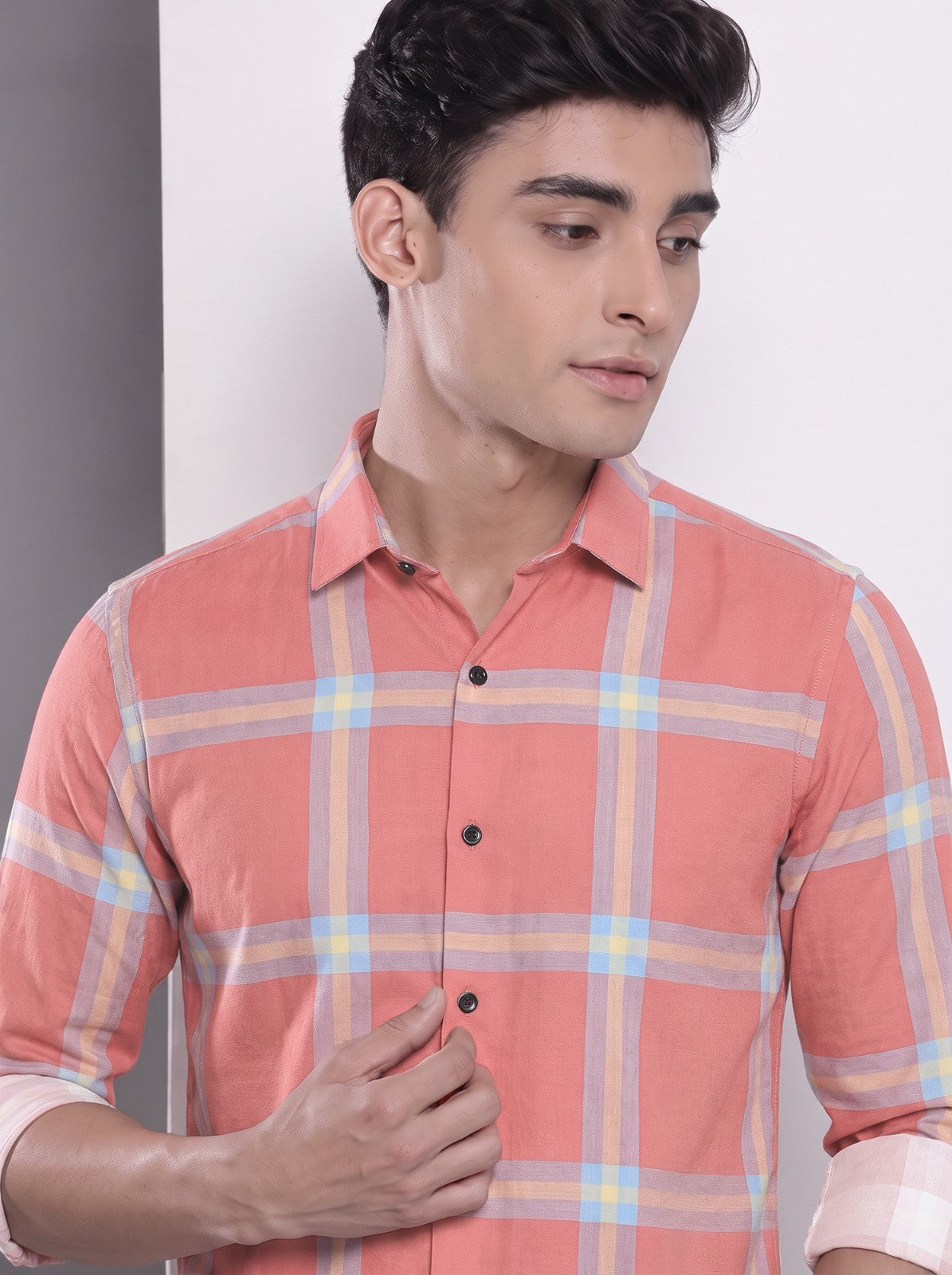 Men's Coral Pink Checked Cotton Blend Casual Shirt