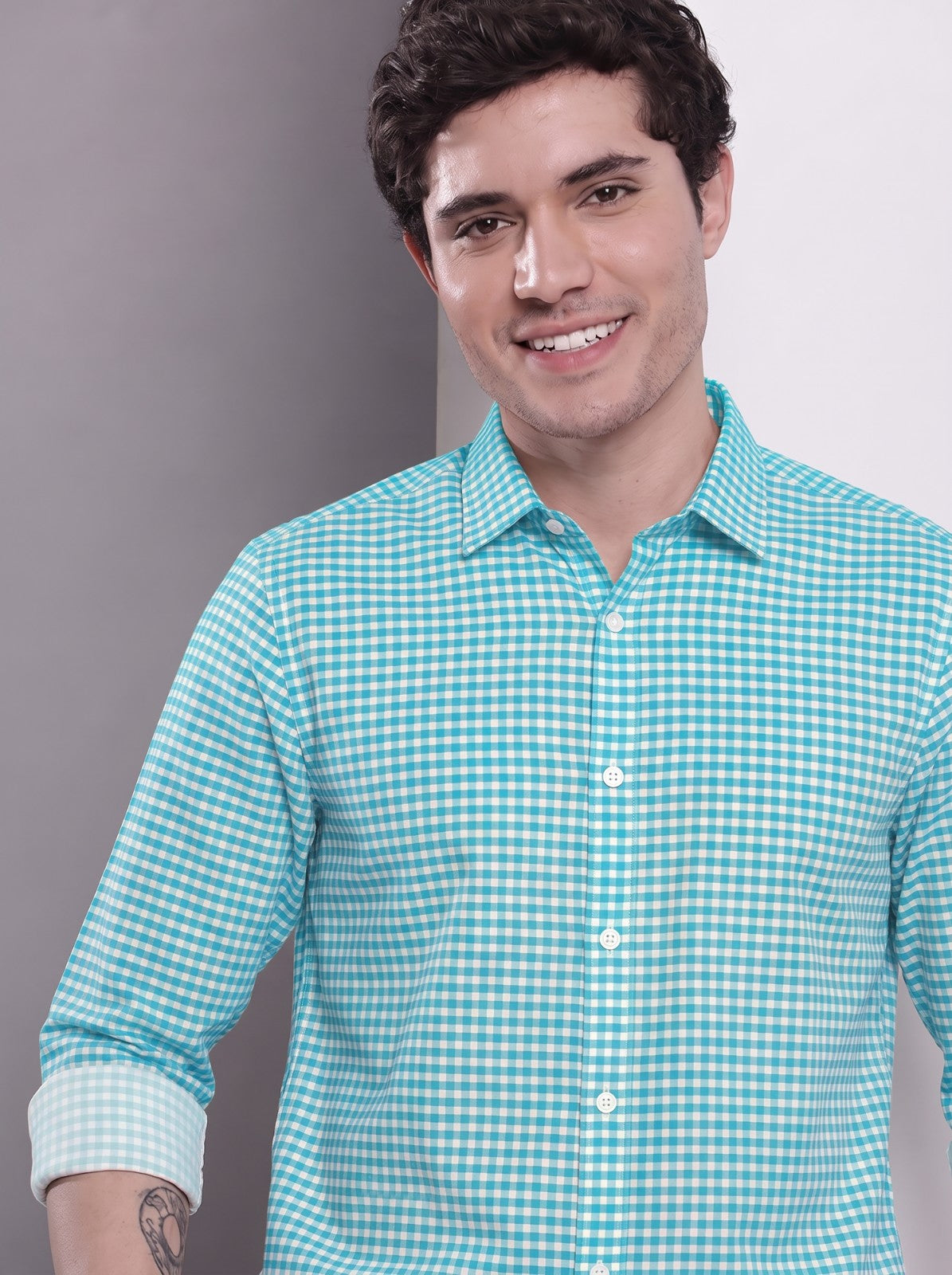 Men's Aqua Mini Gingham Checked Cotton Blend Casual Shirt
