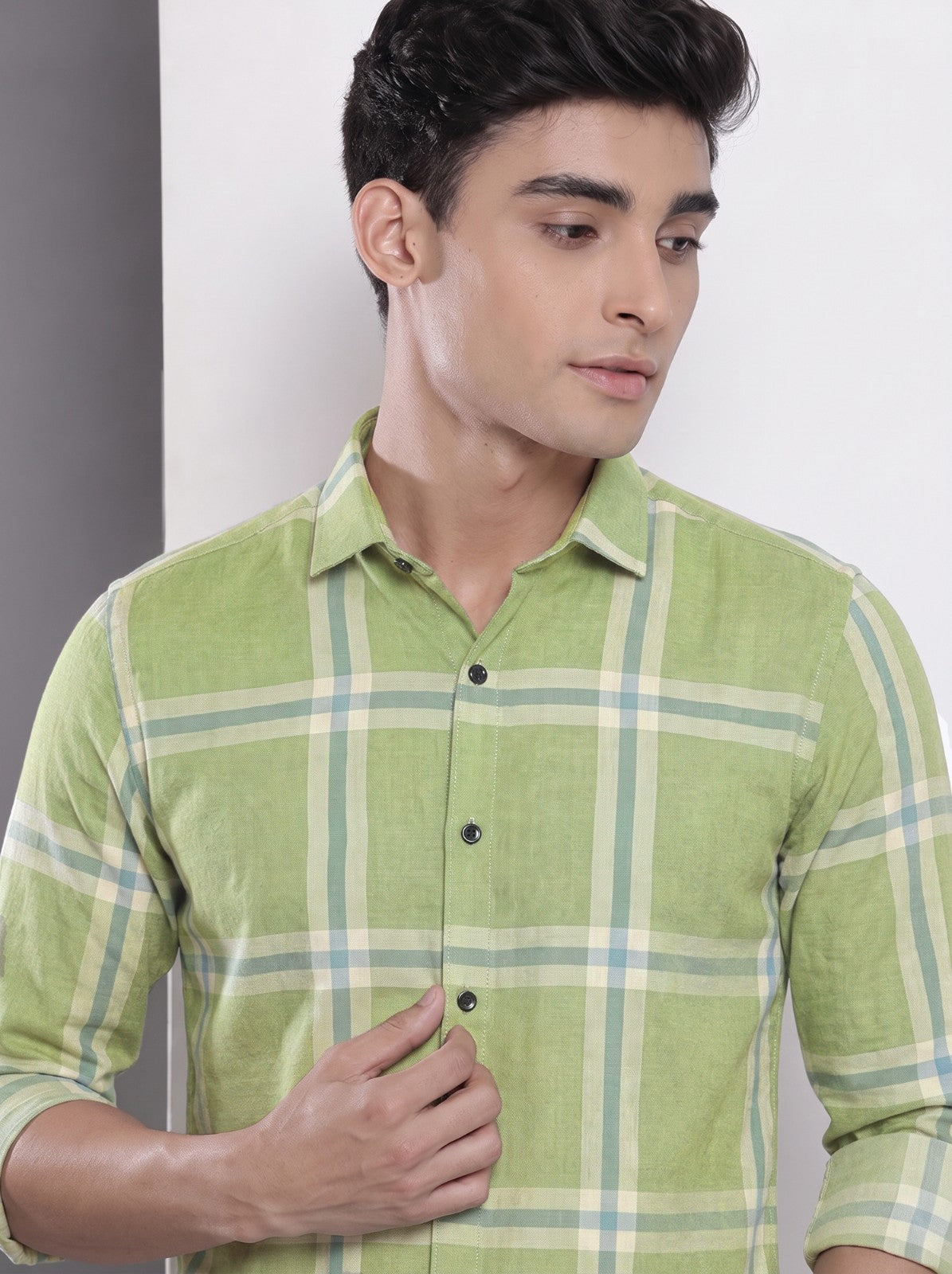 Men's Light Green Checked Cotton Blend Casual Shirt