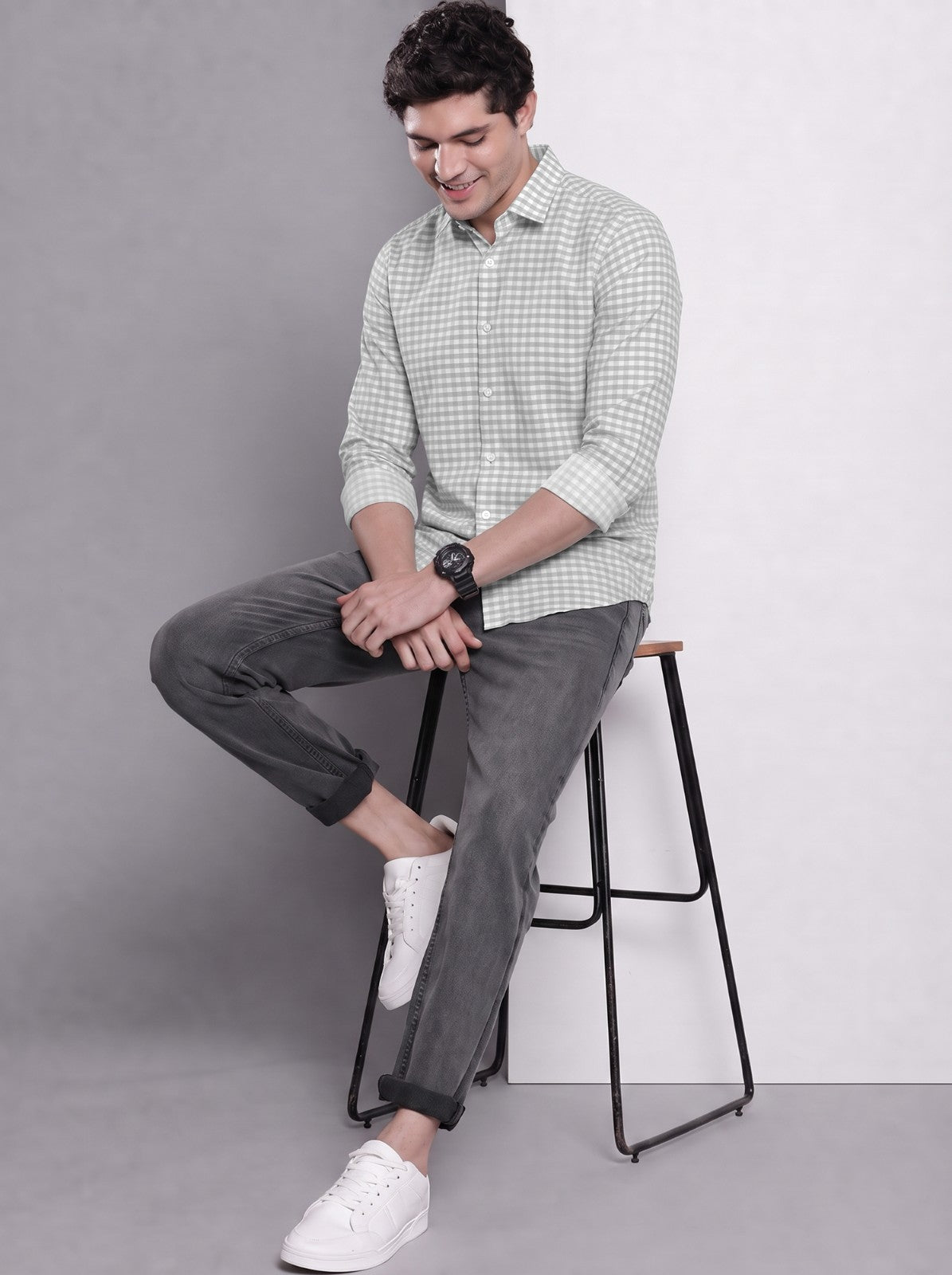 Men's Grey Mini Gingham Checked Cotton Blend Casual Shirt